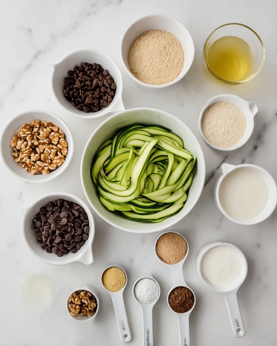 The image shows a top view of a white marbled surface with several small white bowls and measuring cups arranged neatly, each containing different ingredients. There is a medium white bowl filled with thin green slices of zucchini in the center. Surrounding it are smaller white bowls holding dark brown chocolate chips, light beige sugar, light brown walnuts, and a pale yellow liquid. Next to these are measuring spoons with white and brown powders, along with a small glass containing white liquid. The colors and textures range from smooth liquids to grainy and chunky solids, creating a varied and organized display. photo taken with an iphone --ar 4:5 --v 7