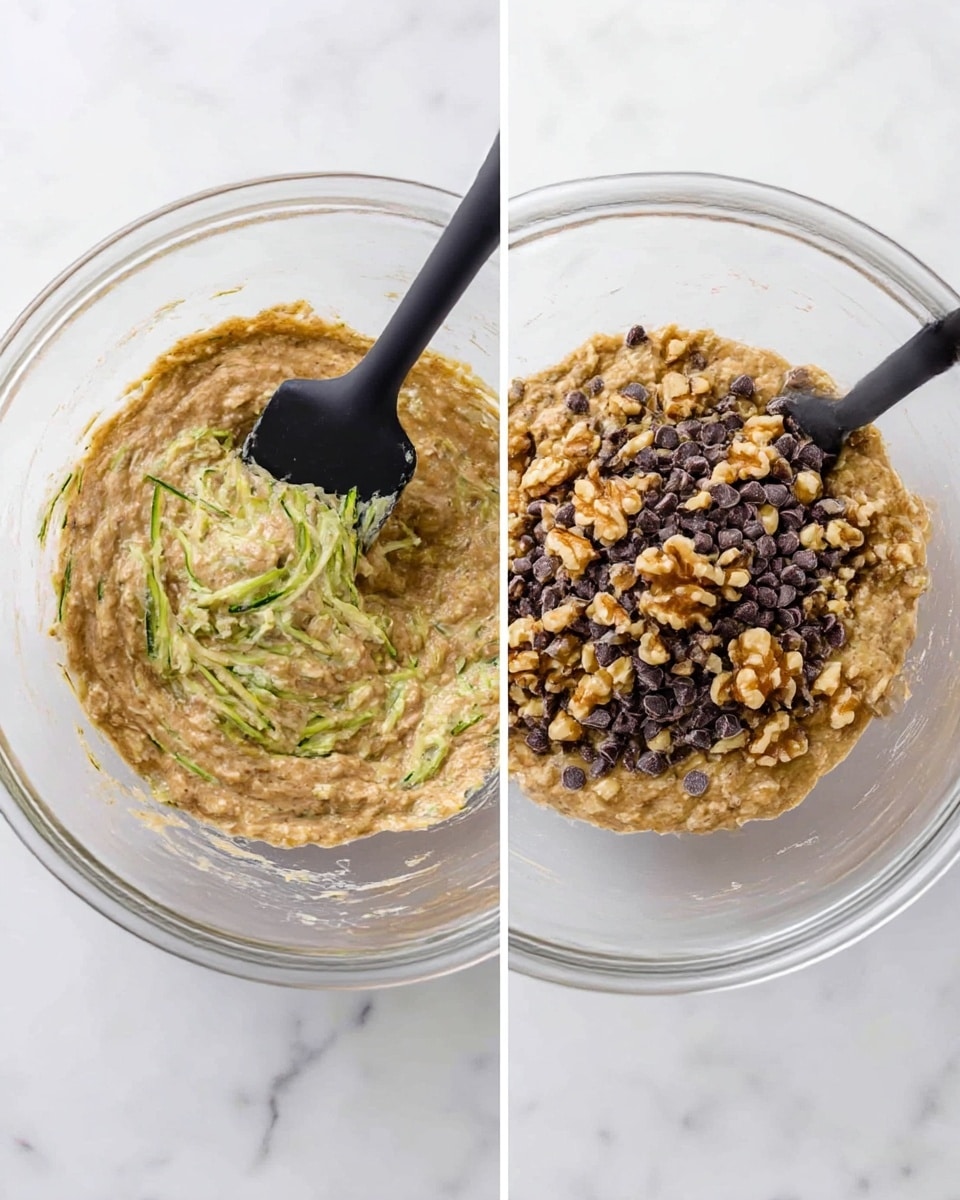 Two images side by side show stages of mixing ingredients in a clear glass bowl on a white marbled surface. The left image shows thick batter with light brown color and visible thin green stripes from shredded zucchini, being mixed with a black spatula. The right image shows the same batter now topped with a layer of dark brown chocolate chips and light brown chopped walnuts, resting on the batter before mixing, with the black spatula still in the bowl. Photo taken with an iphone --ar 4:5 --v 7