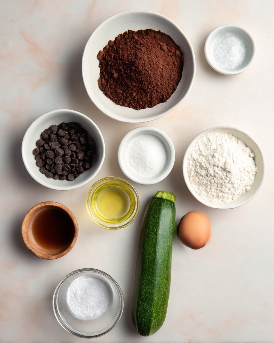 The image shows ingredients for a recipe arranged on a white marbled surface. There are eight containers and one whole zucchini. Starting from the top center is a white bowl filled with dark brown cocoa powder. To the right, a small white bowl holds a small amount of white salt. Below it, a small wooden bowl contains dark chocolate chips. On the left side, a larger white bowl is filled with white sugar, and below that is a white bowl with white flour. Next to the flour is a glass cup filled with light golden liquid, likely oil. Towards the bottom center is a small white bowl with brown liquid, probably vanilla extract. Near it are one whole brown egg and a very small white bowl with fine white salt. The zucchini is whole and green, placed horizontally just right of the center. The photo is taken with an iphone --ar 4:5 --v 7