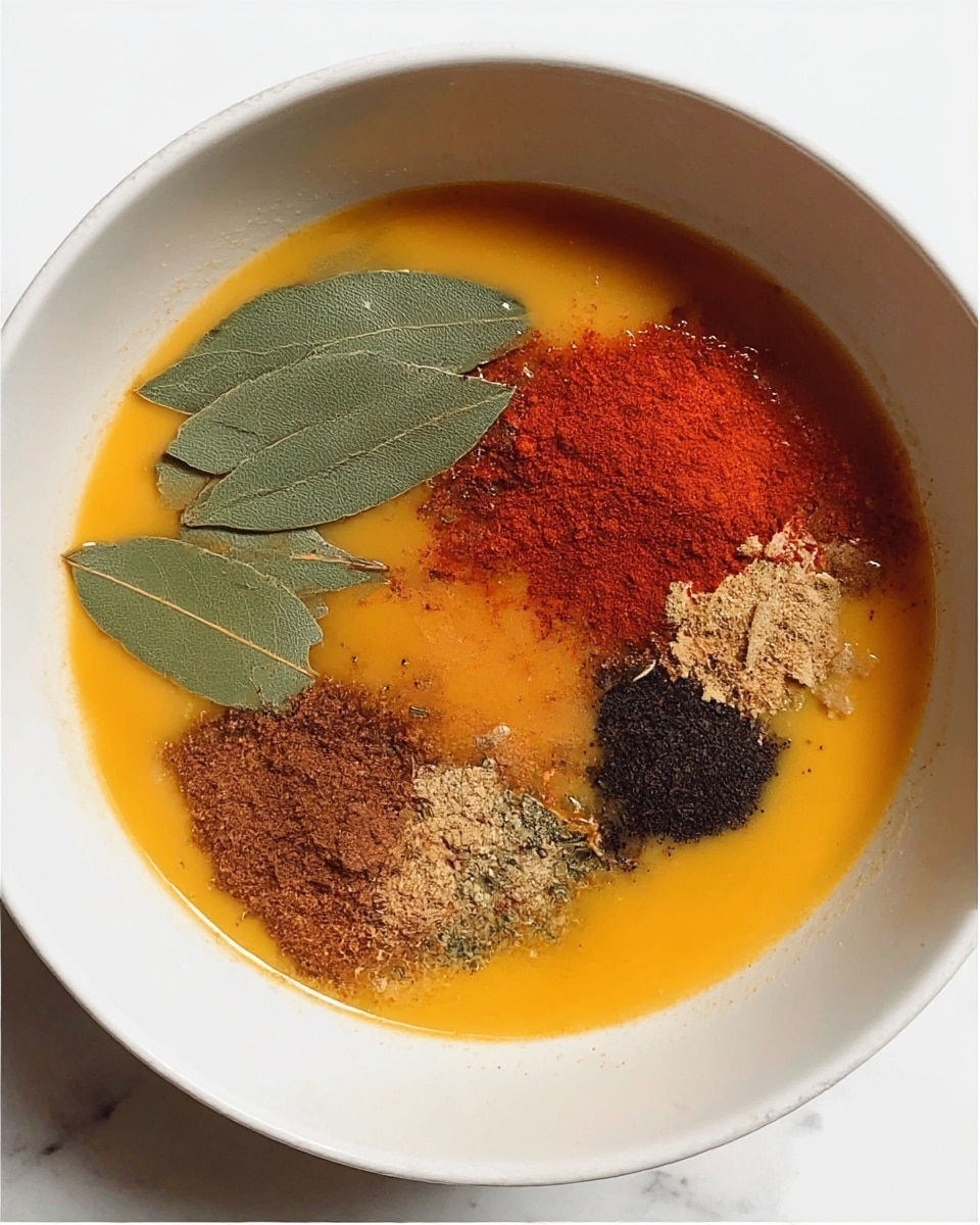 The image shows a white bowl with a mix of ingredients at the bottom. The first layer is a smooth orange-yellow liquid that covers most of the bowl’s base. On top of this are various dry spices and herbs in separate piles: bright red powder near the center right, dark brown powder below it, lighter brown powder near the center bottom, and small piles of black powder. Large green bay leaves are scattered more to the left and upper right side, with some broken pieces mixed in. The ingredients appear unmixed, showing a clear color and texture contrast between the smooth liquid and the coarse powders and leaves. The bowl sits on a white marbled surface. photo taken with an iphone --ar 4:5 --v 7