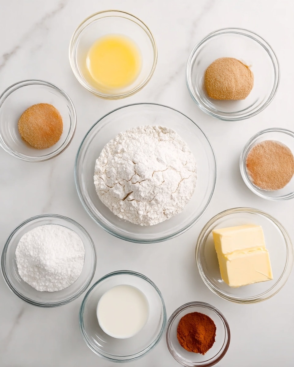 The image shows nine clear glass bowls of different sizes arranged in a loose grid on a white marbled surface. At the center is the largest bowl filled with white flour, having a slightly cracked texture on top. Surrounding it are smaller bowls with light yellow melted butter, white granulated sugar, light brown packed brown sugar, white powdered sugar, a small mound of off-white baking powder, smooth pale yellow butter cube, and small amounts of milk and vanilla extract in two separate bowls. The bottom right bowl contains a small amount of reddish-brown cinnamon powder. The bowls are all transparent, and the setup looks clean and organized, with soft natural lighting highlighting the textures. photo taken with an iphone --ar 4:5 --v 7