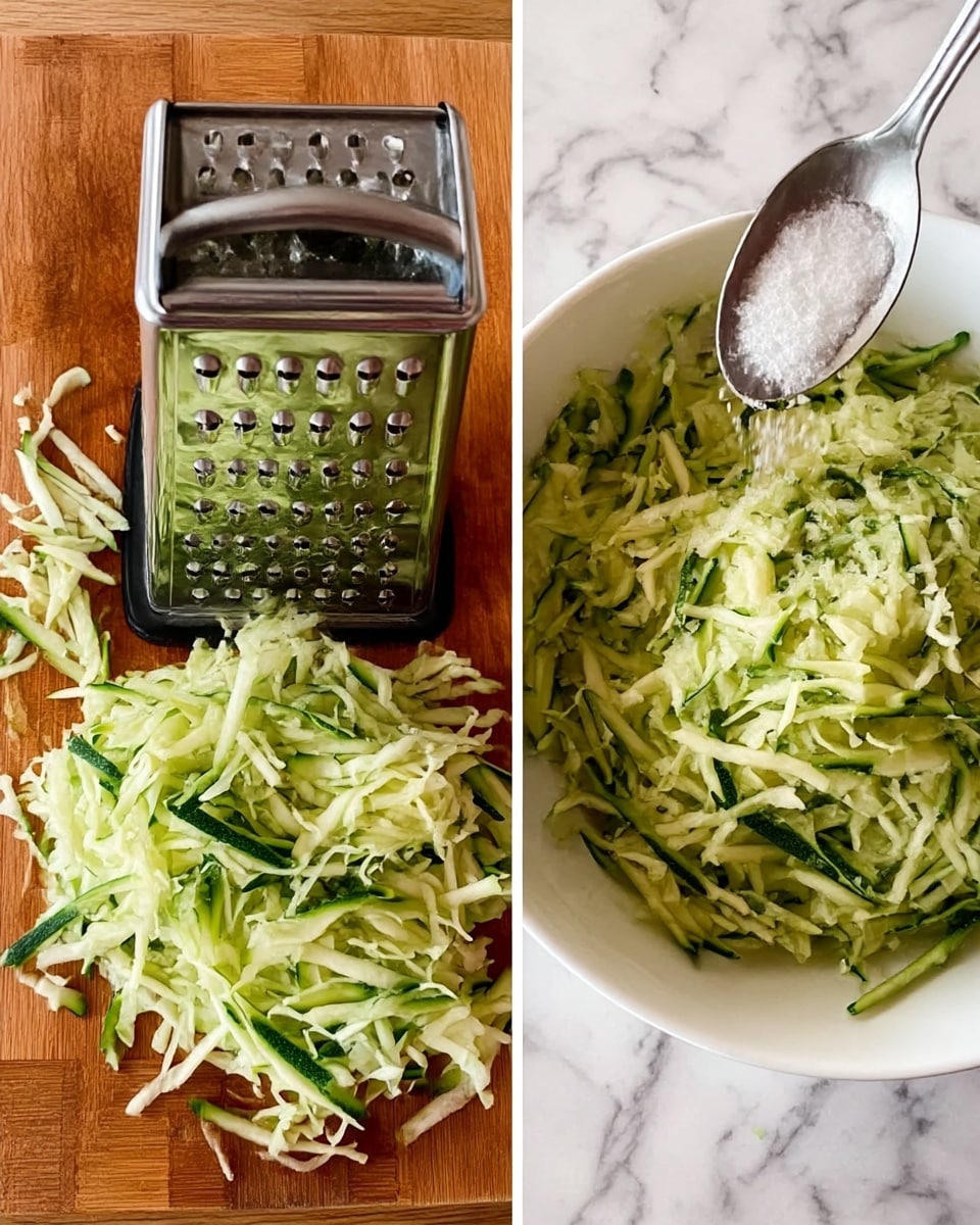The image shows two steps of preparing shredded zucchini. On the left side, there is a wooden board with a metal box grater positioned upright, and freshly shredded zucchini pieces piled around its base; the zucchini strips are thin, long, and green with white inside, showing a rough texture. On the right side, a white bowl contains the shredded zucchini, and a silver spoon above it is sprinkling a white substance, likely salt. The background in both images has been changed to a white marbled texture. photo taken with an iphone --ar 4:5 --v 7