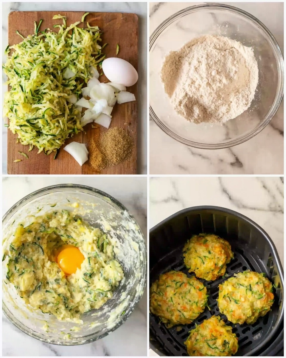 The image shows four stages of making zucchini fritters arranged in a 2x2 grid on a white marbled surface. The first image has a wooden board with shredded green zucchini, a raw egg yolk with some egg white, chopped white onions, and a small pile of light brown seasoning placed separately. The second image shows a clear mixing bowl with white flour scattered over the shredded zucchini, partially mixed. The third image captures the mixture fully blended, thick and creamy with visible green zucchini strands and small bits of onion in the same clear bowl. The final image shows four uncooked fritter patties, light yellow mixed with green and orange bits, placed inside a black air fryer basket. Photo taken with an iphone --ar 4:5 --v 7