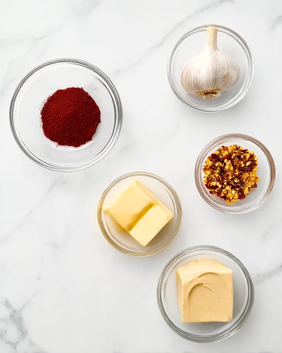 Five small clear glass bowls are placed on a white marbled surface. The top left bowl contains a deep red powder, the top right has a single clove of garlic. The middle bowl holds a mix of crushed red and yellow flakes. The bottom left bowl has two blocks of pale yellow butter. The bottom right bowl contains a smooth light beige paste. The items are spaced apart, with a clean and bright setting. photo taken with an iphone --ar 4:5 --v 7