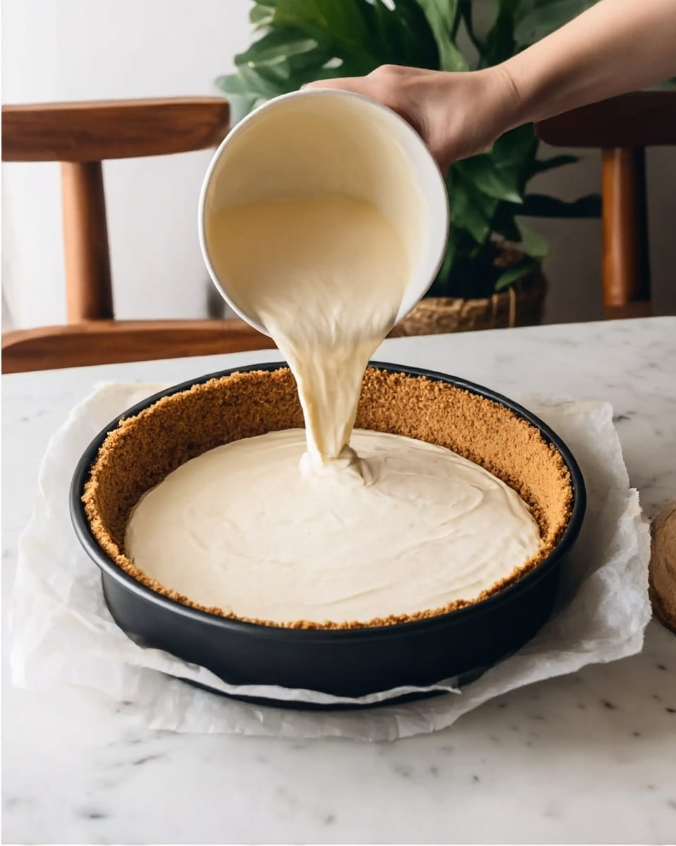 A white filling with a smooth, creamy texture is being poured from a bowl by a woman's hand into a graham cracker crumb crust inside a dark baking pan; the crust is thick, golden brown, and evenly pressed around the edges, forming one layer beneath the filling, which spreads flat and smooth over the entire crust, creating a clean contrast between the light filling and the darker crust. The pan is placed on white parchment paper on a white marbled surface with brown wooden chair legs and a green plant in the background. Photo taken with an iphone --ar 4:5 --v 7