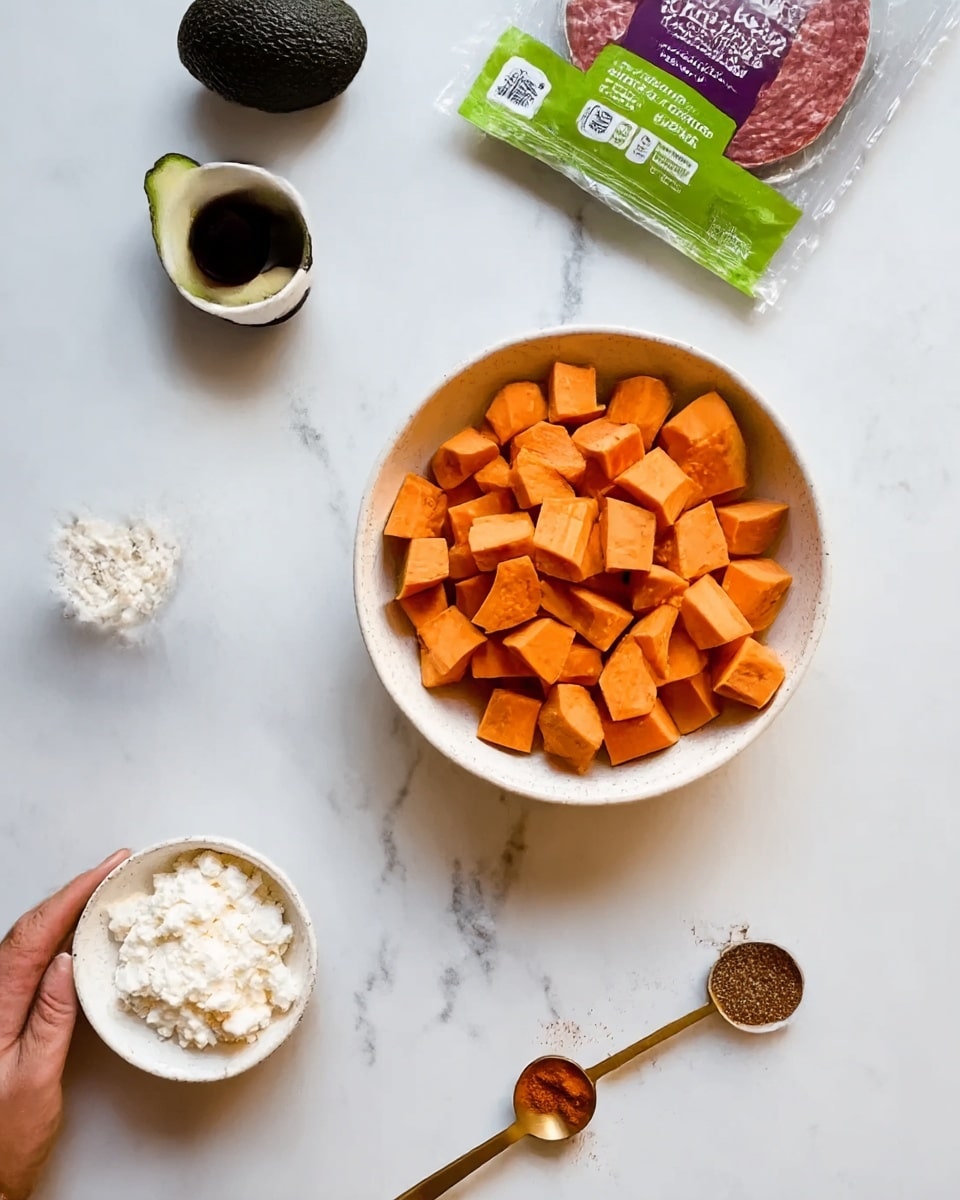The image shows a white bowl in the center filled with orange sweet potato cubes that are diced evenly. Around the main bowl, there is a white bowl of white cottage cheese at the bottom left, a small white cup with a reddish powder inside at the bottom right, and a gold measuring spoon with brown spice near the right edge. At the top left, a dark green avocado and a small white cup with dark liquid are placed. At the top right, there is a package of uncooked hamburger meat with a green label. The background is a white marbled surface, and a woman's hand is gently placing the bowl. Photo taken with an iphone --ar 4:5 --v 7
