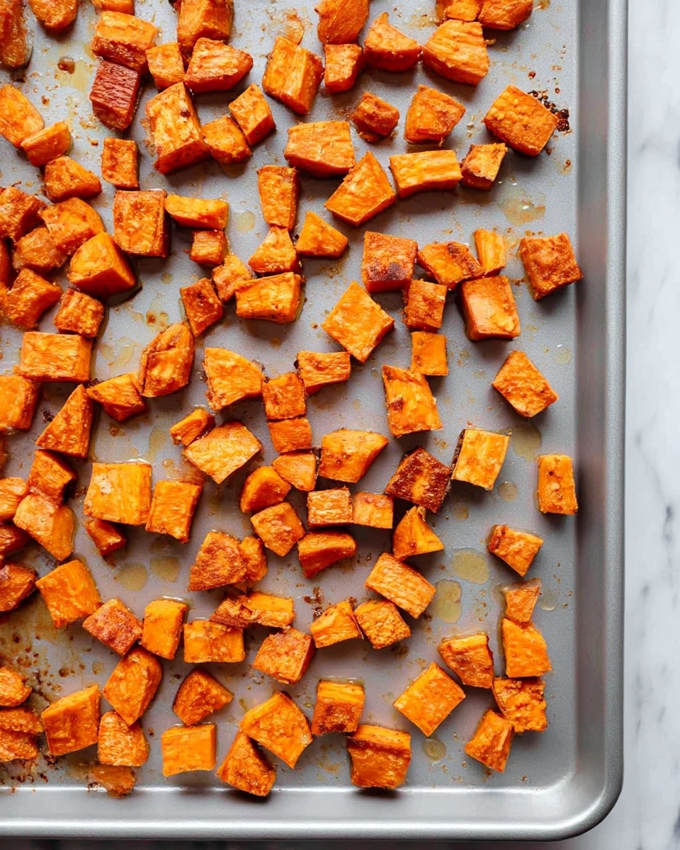 The image shows one layer of small orange roasted sweet potato cubes spread unevenly on a light gray baking tray with some oil droplets scattered around. The sweet potato pieces have a slightly crisp and browned texture on some edges, indicating they are cooked. The tray is placed on a white marbled surface, with no other items or layers visible in the frame. photo taken with an iphone --ar 4:5 --v 7