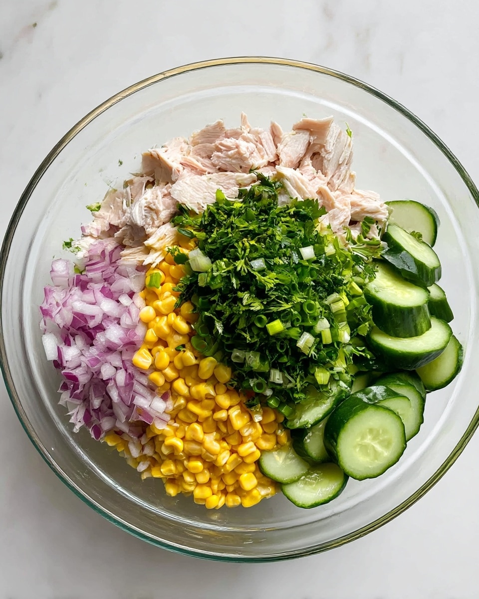 A clear glass bowl placed on a white marbled surface holds a colorful mix of fresh ingredients arranged in layers. At the bottom is a bright yellow layer of corn kernels, topped with finely chopped green onions and fresh green herbs like parsley or cilantro in the center. To the left, there are chunks of light pink cooked chicken, and next to it is a pile of finely diced red onions with a hint of purple. On the right side, thick slices of fresh cucumber with dark green skin and pale green inside add a crisp texture. The ingredients are fresh and vibrant, freshly prepared and ready to be mixed, photo taken with an iphone --ar 4:5 --v 7
