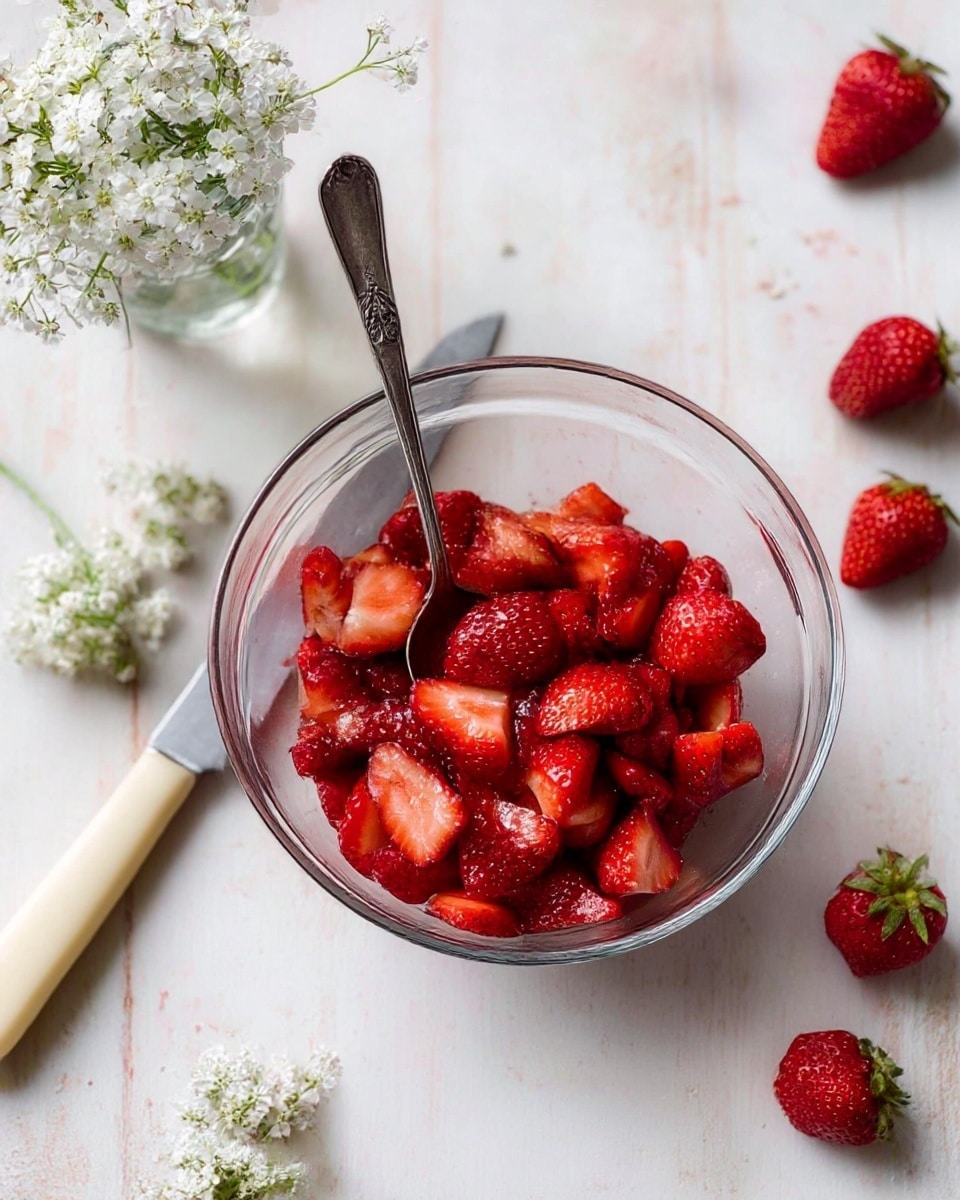 A clear glass bowl filled with bright red strawberries, some whole and some sliced to show their juicy texture, sits on a white marbled surface. A vintage silver spoon rests inside the bowl, partly covered by the strawberries. Around the bowl, whole strawberries are scattered, with a knife that has a cream-colored handle lying nearby. Small white flowers are placed in a glass vase to the side and a few floral sprigs also lie close to the bowl. The overall look is fresh and natural with soft lighting. photo taken with an iphone --ar 4:5 --v 7