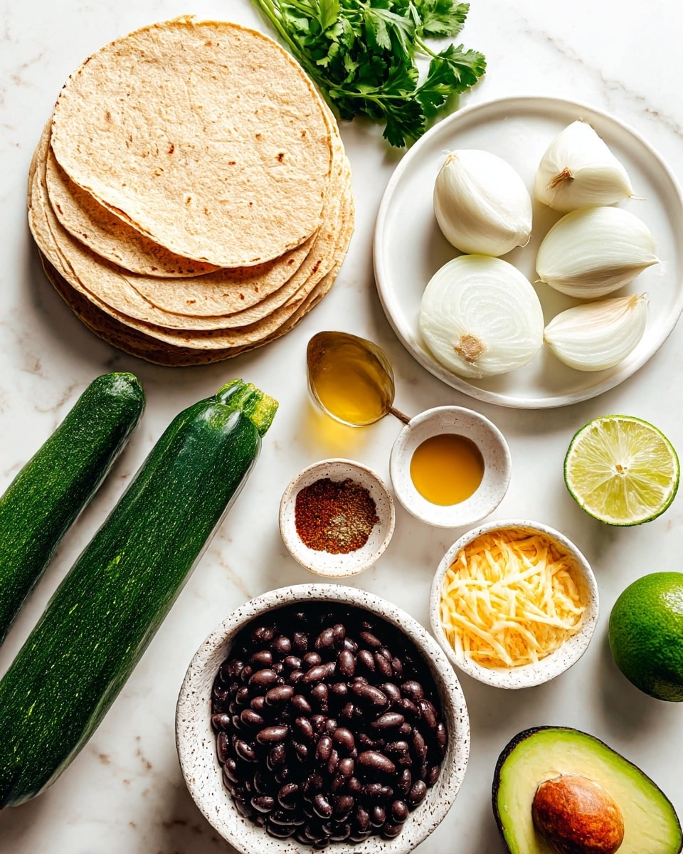 The image shows a flat lay of fresh ingredients on a white marbled surface. At the top left, there is a stack of light brown corn tortillas with a slightly rough texture. Below them, bright green cilantro leaves add a pop of color. To the right, a white round plate holds several peeled garlic cloves, two onion wedges with smooth white layers, a spoon with golden liquid, and a small bowl with red, brown, and white spices. At the bottom center, a white speckled bowl is filled with dark shiny black beans. To the left of the beans, there is a dark green zucchini with a glossy surface and next to it, a small bowl with shredded yellow and white cheese. On the latter right side, there is a whole ripe avocado with a dark green bumpy skin. Scattered lime wedges with bright green and yellow flesh are also visible. Photo taken with an iphone --ar 4:5 --v 7