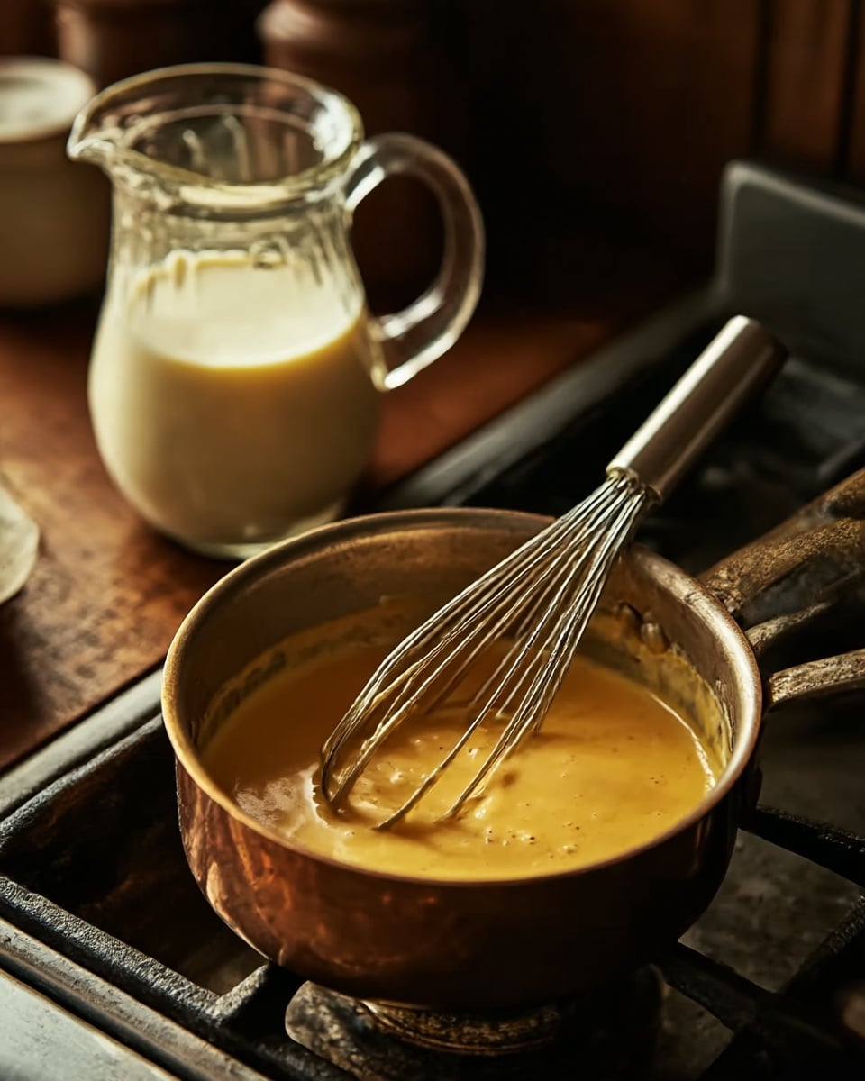 A small bronze pot sits on a stove burner with a thick, smooth yellow sauce inside that is being mixed by a metal whisk resting in the pot. Behind the pot, there is a clear glass pitcher filled with light cream. The stove and background have a dark wooden tone which contrasts with the warm color of the sauce. The overall setting looks cozy and rustic. photo taken with an iphone --ar 4:5 --v 7