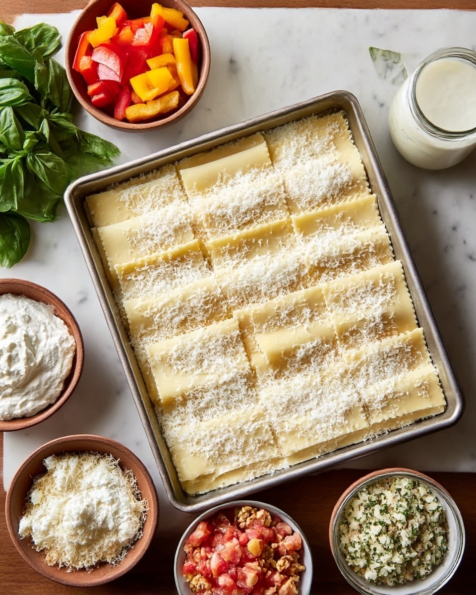 A rectangular tray filled with a layer of pale yellow pasta sheets, folded over each other evenly in rows, topped with a light dusting of grated white cheese. Surrounding the tray are several small bowls on a white marbled surface: one containing chopped red and yellow bell peppers, another with a dollop of white creamy ricotta cheese, a third with ground nuts or breadcrumb mix, a bowl with white and green cheese and herb mix, and another with finely chopped tomatoes and onions. A small glass jar holds a thick white sauce, and a bunch of fresh green basil leaves sits nearby. The overall setting shows neat, fresh ingredients ready to be layered or served with the pasta, photo taken with an iphone --ar 4:5 --v 7