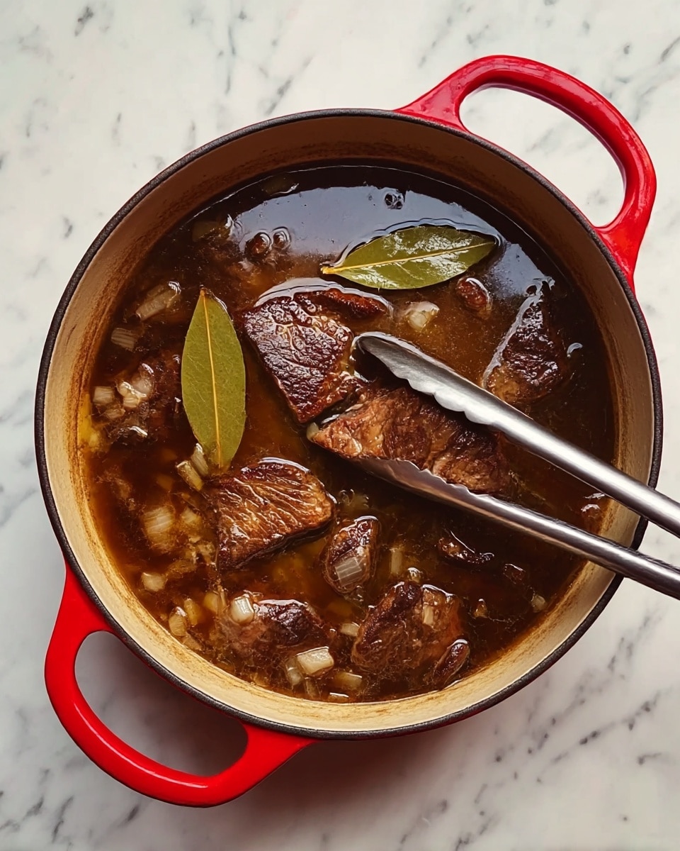 The image shows a red cast iron pot filled with dark brown cooked meat placed in a light brown broth with translucent chopped onions and a bay leaf floating on top. A pair of metal tongs rests inside the pot, holding the meat from the right side. The pot is set on a white marbled surface. Photo taken with an iphone --ar 4:5 --v 7