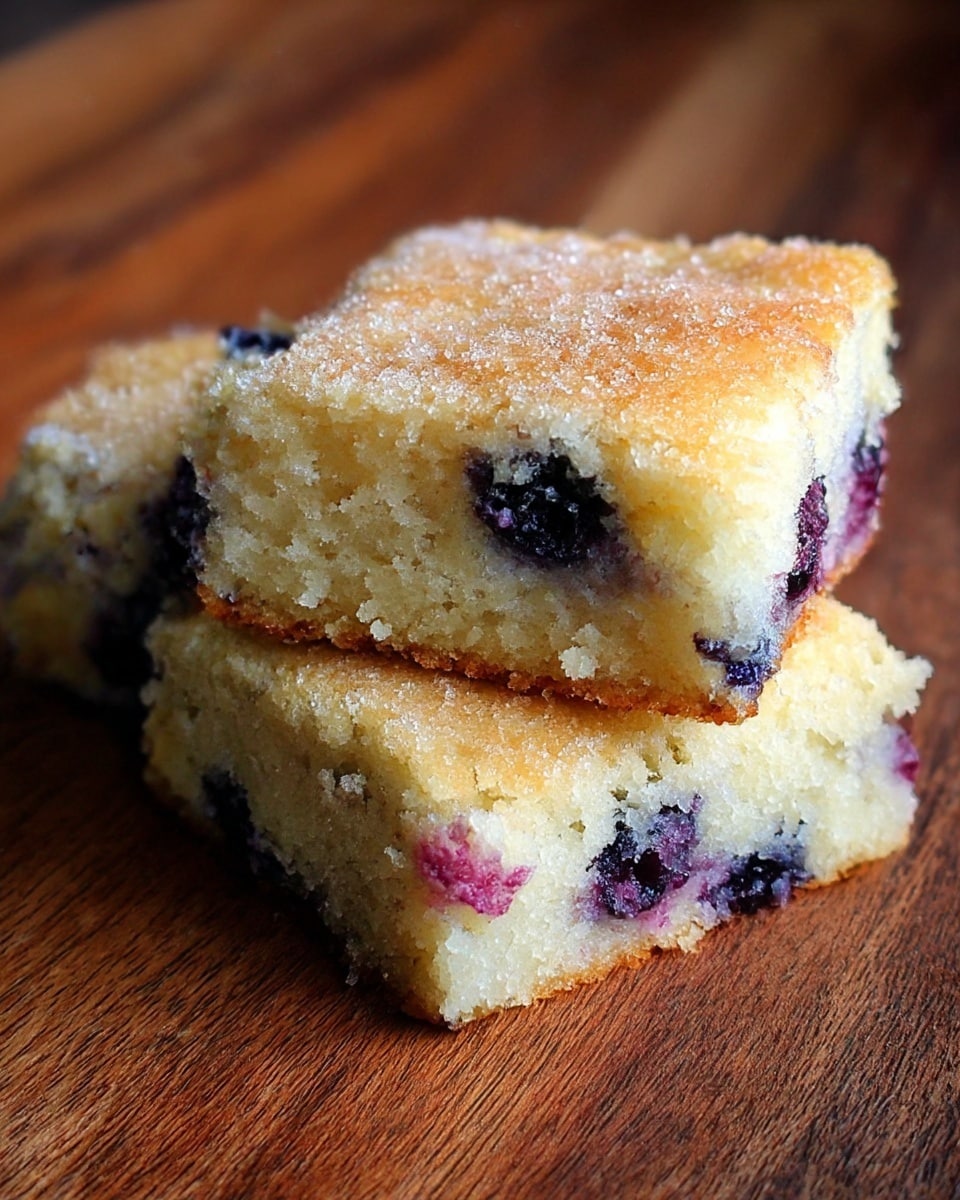 Two square pieces of blueberry cake sit on a wooden surface. Each piece has a golden-brown top with a slightly cracked texture sprinkled with sugar, giving it a light sparkle. The inside layer is thick, light yellow with visible dark purple blueberries scattered throughout. The cake looks soft and moist with uneven edges, showing the berries inside. Photo taken with an iphone --ar 4:5 --v 7