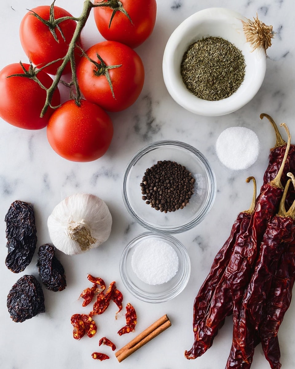 A top view of various ingredients spread on a white marbled surface, including five bright red fresh tomatoes still on the green vine in the top left, a whole large white onion near the center top, a small white bowl filled with green dried herbs on the top right, and two small clear glass bowls centrally placed containing white salt and black peppercorns respectively. On the bottom left, there are five dark wrinkled dried peppers, a whole garlic bulb below them, and several small red dried chili peppers scattered near the center bottom. Towards the right side, a small cinnamon stick is placed near the onion, and a bunch of large dark red dried chili peppers with stems are positioned on the right side. photo taken with an iphone --ar 4:5 --v 7