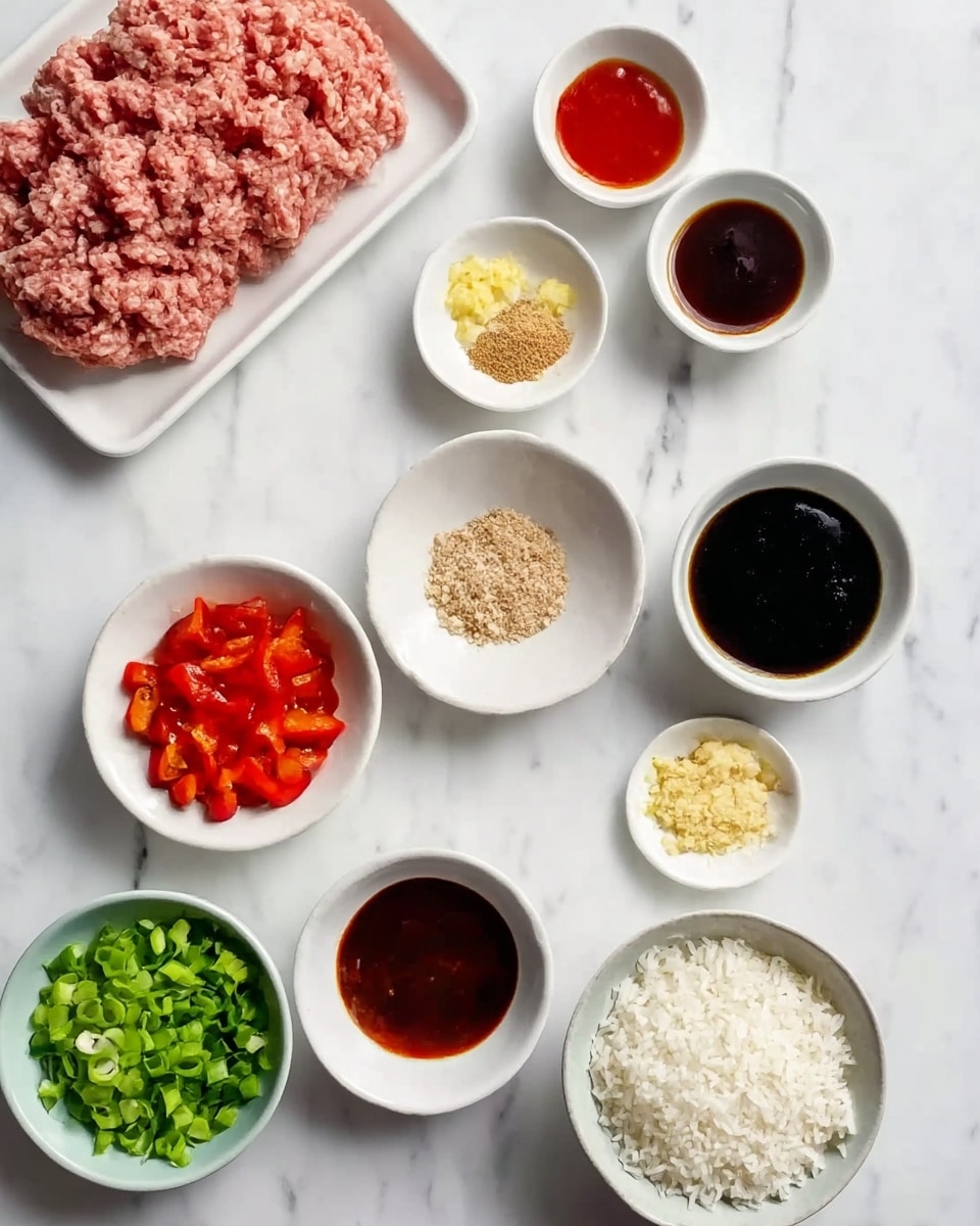 The image shows nine small white bowls and plates on a white marbled surface, each holding a different ingredient for cooking. At the top left, there is a tray with raw ground meat that is light pink in color. Nearby, small bowls contain light yellow minced garlic, light brown ground spices, dark brown soy sauce, bright red chili sauce, and finely chopped red bell peppers. At the bottom, one bowl has diced green onions, another bowl is filled with white uncooked rice, and there is a bowl with light yellow finely minced ginger. The bowls and plates are spread out neatly, showing a clear contrast of colors from the fresh ingredients. photo taken with an iphone --ar 4:5 --v 7