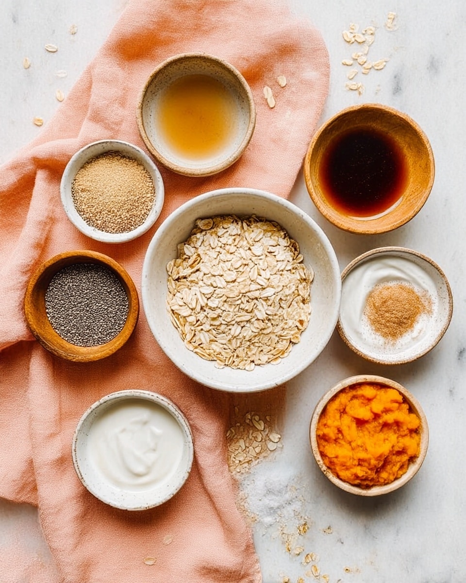 A top view of eight small white and wooden bowls arranged on a soft peach cloth on a white marbled surface, each filled with different ingredients: one large white bowl in the center holds light beige rolled oats, surrounding it clockwise are a wooden bowl with light brown chia seeds, a small white bowl with tan liquid, a wooden bowl with dark brown liquid, a small white bowl with light brown powder, another small white bowl with thick white yogurt, a wooden bowl with white salt, and a small white bowl with bright orange pumpkin puree. Loose oats are scattered around the setup, photo taken with an iphone --ar 4:5 --v 7