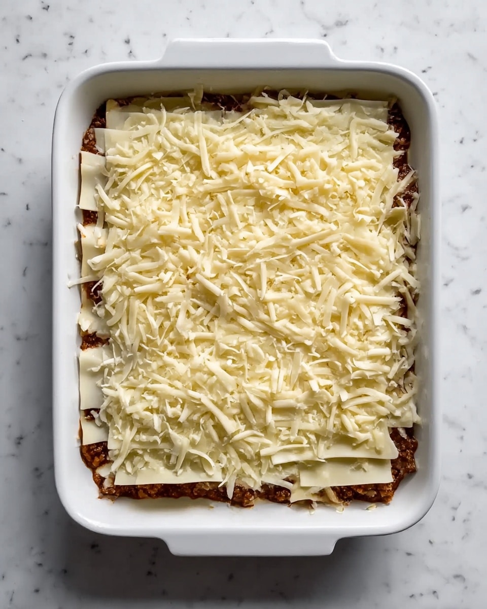 This image shows a white rectangular baking dish filled with multiple thin layers. The bottom layer is a dark brown thick sauce or meat mixture. Above that, there is a layer of wider, flat white pieces that look like pasta sheets. On top of this, a thick layer of shredded pale yellow cheese is spread evenly, fully covering the layer below. The dish sits on a white marbled surface. photo taken with an iphone --ar 4:5 --v 7