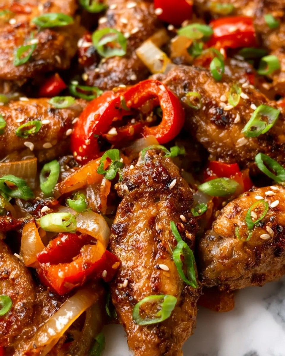 The image shows a close-up of cooked chicken wings with a crispy, browned texture. They are mixed with chopped red bell peppers and cooked white onion pieces, all sprinkled with chopped green onions and white sesame seeds. The colors include the dark golden-brown chicken, bright red peppers, translucent white onions, and fresh green onion bits. The dish rests on a white marbled surface. photo taken with an iphone --ar 4:5 --v 7