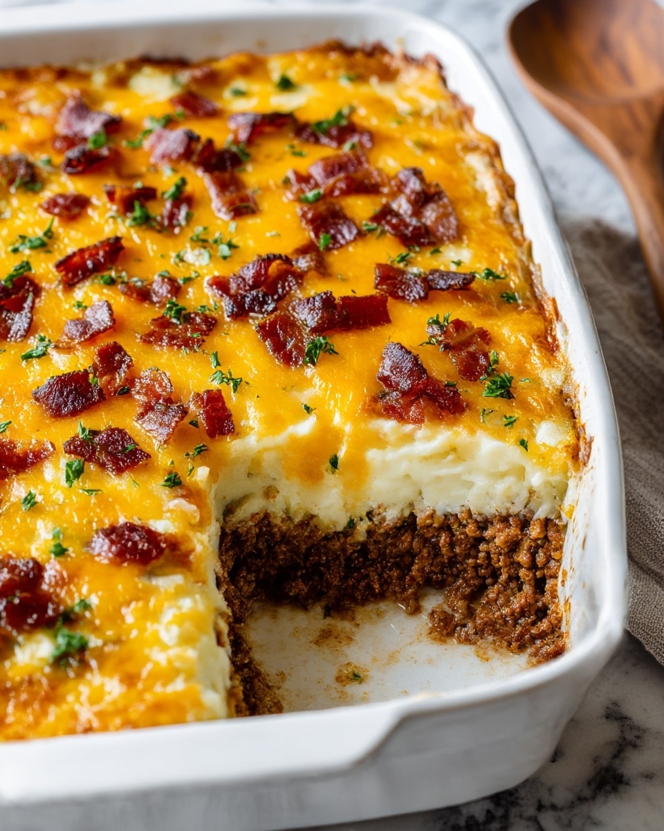 A white rectangular dish filled with a layered baked casserole. The bottom layer is a textured, dark brown cooked ground meat. Above it is a smooth, creamy white mashed potato layer. The top layer is golden orange melted cheese with crispy dark brown bacon bits scattered over it, along with small green herb pieces sprinkled for garnish. A portion near the front edge is missing, showing the inside layers clearly. The dish rests on a white marbled surface with a wooden spoon nearby. Photo taken with an iphone --ar 4:5 --v 7