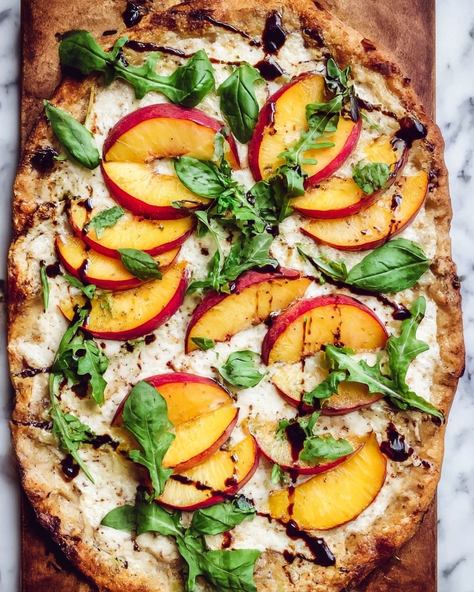 A round pizza with a golden-brown crust, showing a slightly uneven and rustic shape. The base layer is creamy white cheese spread evenly across the surface. On top, there are thin, curved slices of red and yellow peach arranged in small overlapping groups spread around the pizza. Bright green basil leaves and arugula are scattered generously over the peaches and cheese. Dark brown drizzles of balsamic glaze add a shiny contrast across the top. The pizza rests on a rustic brown wooden board, placed on a white marbled surface photo taken with an iphone --ar 4:5 --v 7