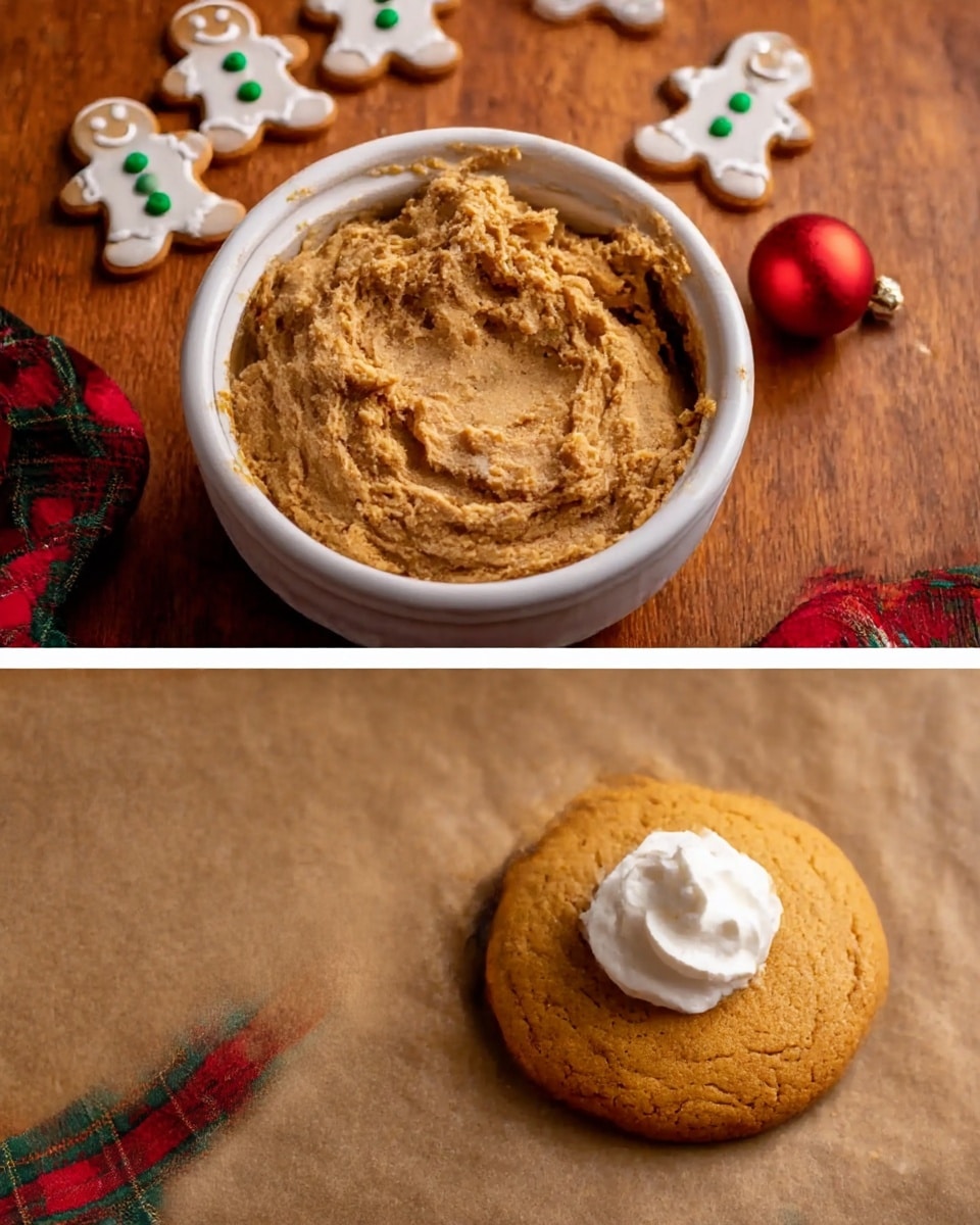 The first image shows a white ceramic bowl filled with a thick, light brown dough with a rough, crumbly texture, spread evenly inside. Around the bowl, there are small gingerbread cookies decorated with white icing and green or red candy buttons, set on a warm wooden surface with a red and green plaid ribbon and a small red ornament nearby. The second image depicts a single round golden-brown cookie with a soft, smooth surface placed on a light brown parchment paper background, topped with a small dollop of white cream in the center. photo taken with an iphone --ar 4:5 --v 7