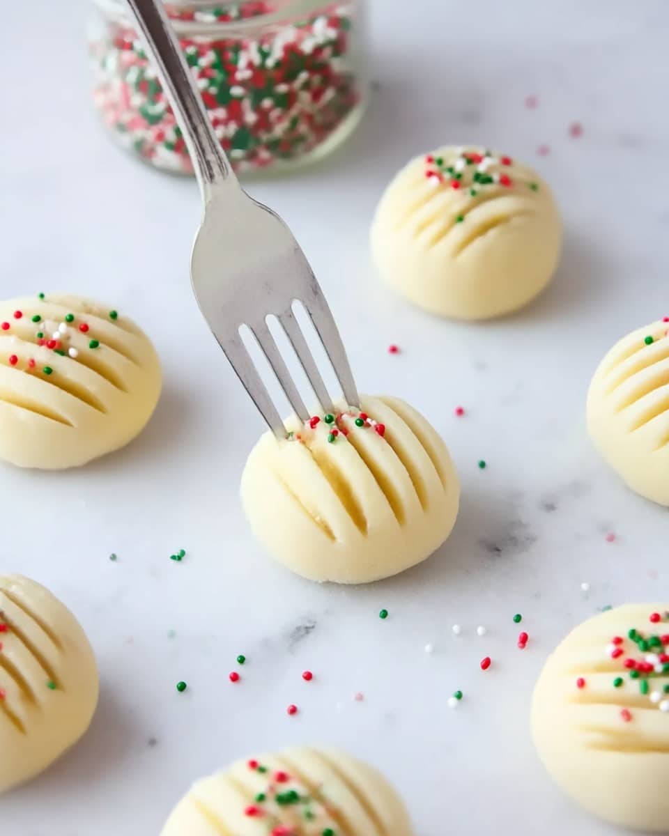 The image shows several round, smooth dough balls placed on a white marbled surface. Each dough ball has 5 to 6 shallow vertical lines pressed into the top, creating a striped texture. A white fork is gently pressing down on one dough ball to make the lines. Some of the dough balls are decorated with small colorful sprinkles on top, mostly red, green, and white. In the background, there is a blurred jar filled with the same colorful sprinkles. The image is bright with soft, natural lighting, giving a clean and fresh feeling. Photo taken with an iphone --ar 4:5 --v 7