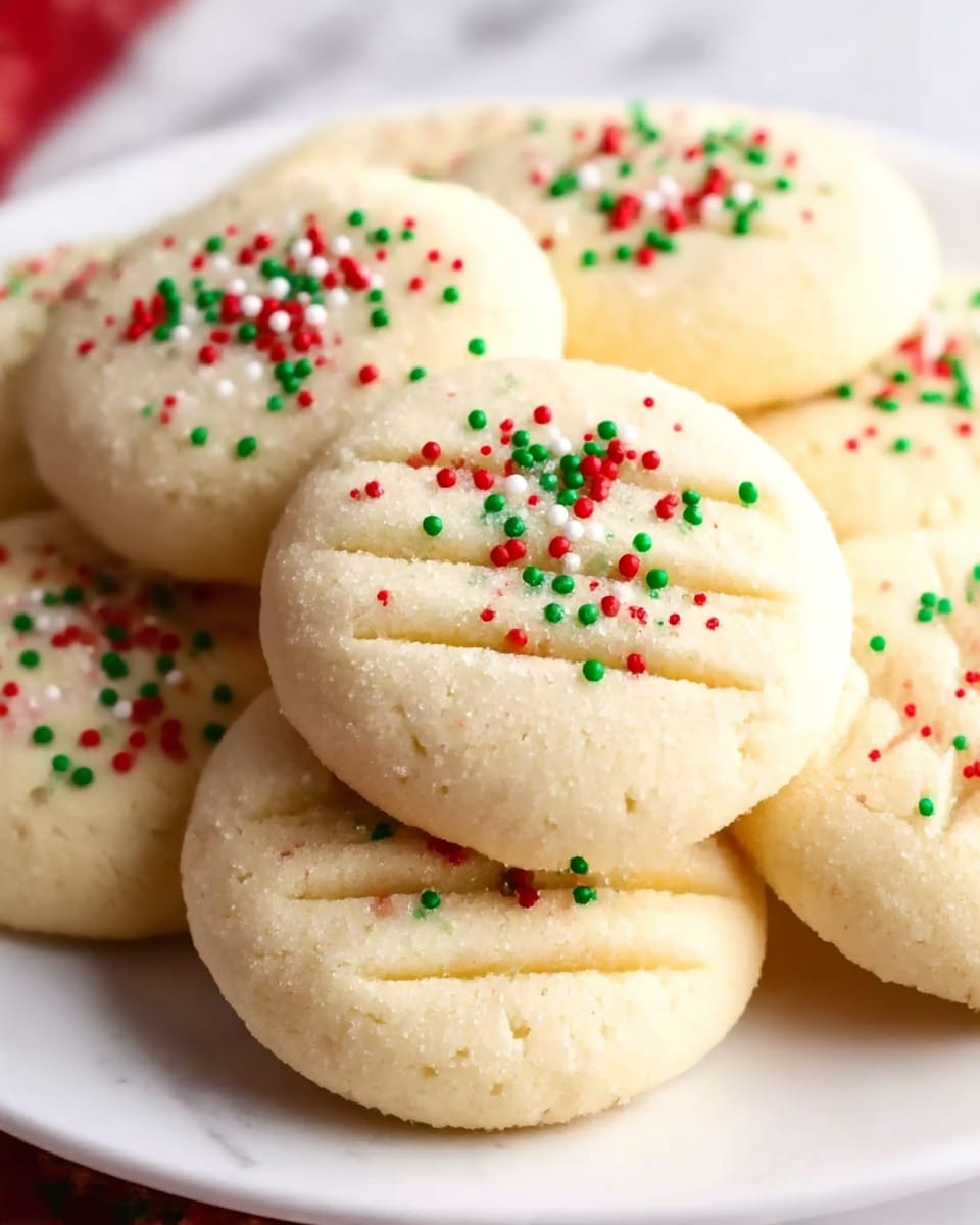 A close-up view of a stack of soft, round sugar cookies on a white plate. Each cookie is light beige and smooth, with three short, shallow lines pressed into the center. The top of each cookie is decorated with small red, green, and white round sprinkles scattered evenly. The cookies fill the frame lightly overlapping each other against a white marbled surface in the background. The photo taken with an iphone --ar 4:5 --v 7