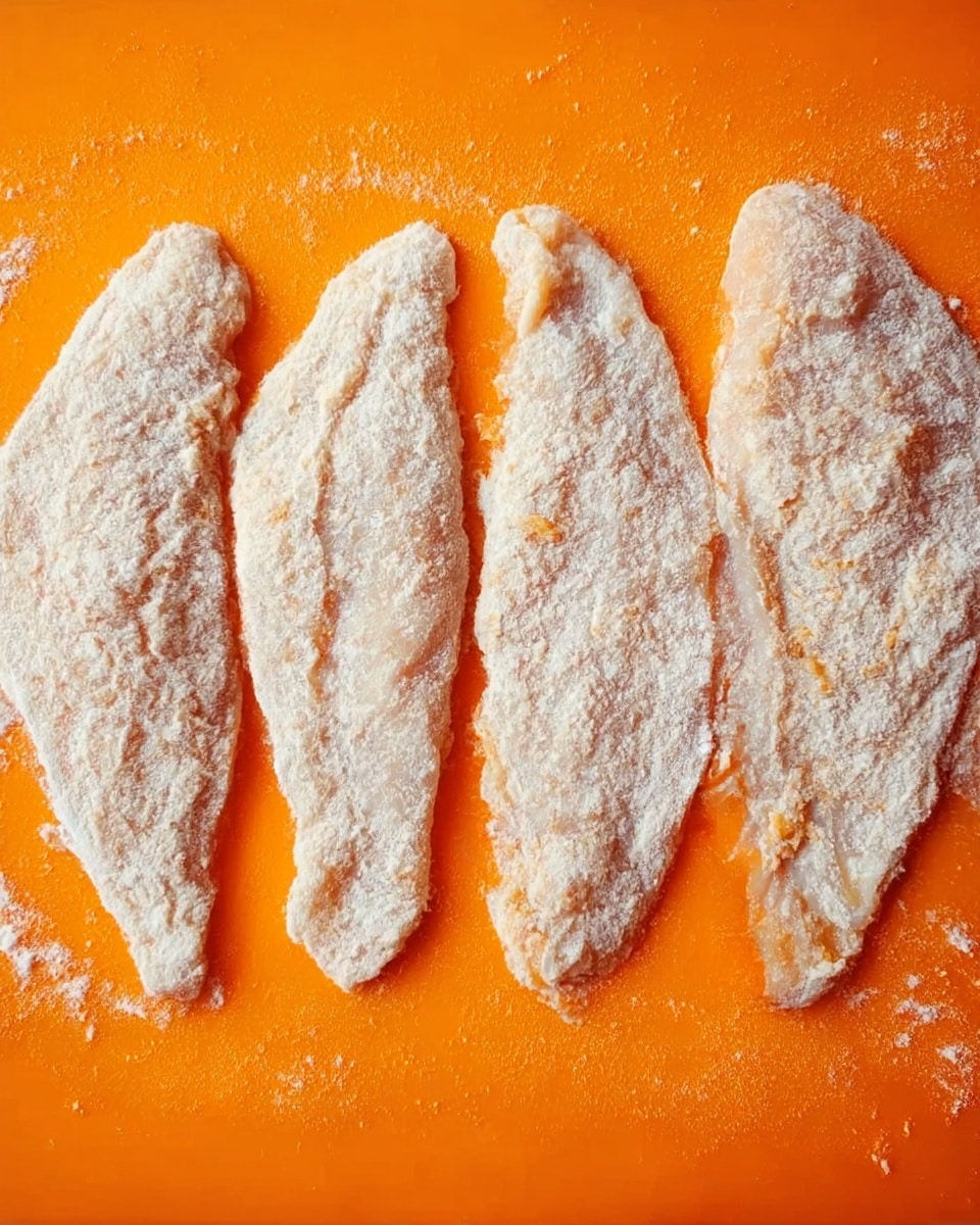 Four thin, raw chicken fillets are laid out side by side on an orange cutting board, each lightly covered with white flour. The fillets show slightly uneven shapes and some texture with small bits of chicken visible through the flour dusting. The bright orange surface contrasts with the pale color of the floured fillets. photo taken with an iphone --ar 4:5 --v 7