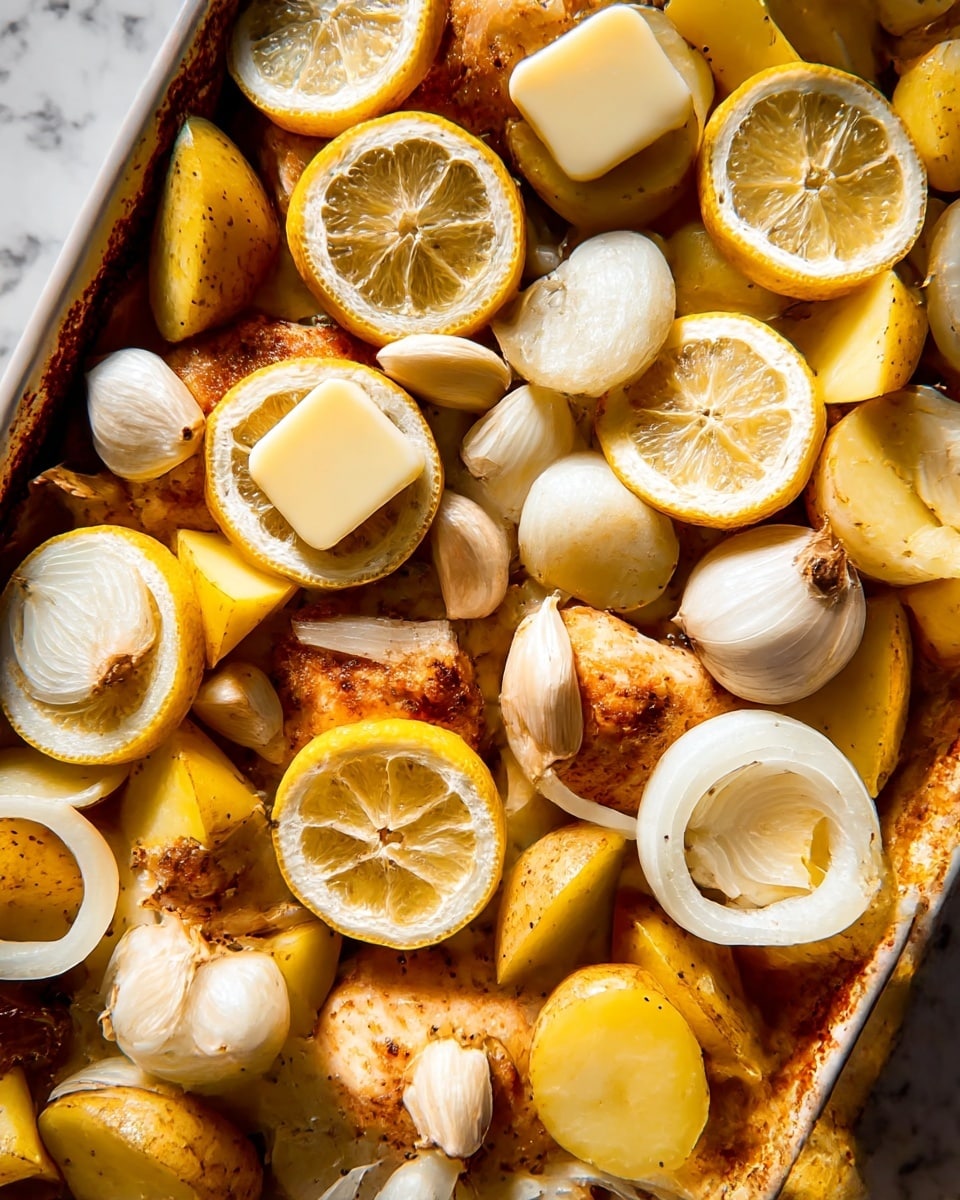 The image shows a close-up of a baked dish with several layers. The bottom layer has golden brown cooked pieces of chicken. Around and on top of the chicken are slices of yellow lemon and white onion rings, which add texture and brightness. There are also small yellow potato wedges and whole garlic cloves mixed in. Scattered on top are several smooth, pale yellow pats of butter melting slightly on the warm ingredients. The dish sits on a white marbled surface. photo taken with an iphone --ar 4:5 --v 7