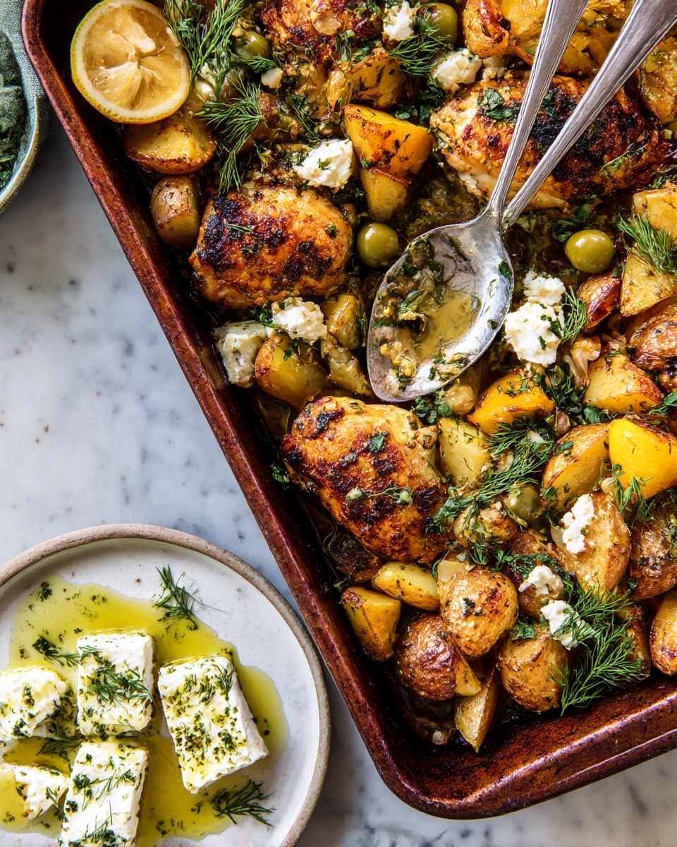 This image shows a brown roasting pan filled with cooked golden-brown seasoned chicken pieces and roasted potatoes that have a crispy, browned outer layer. The chicken and potatoes are topped with chunks of white cheese and chopped green herbs, along with small green olives. Bright yellow lemon wedges and sprigs of fresh green dill are scattered over the top. A silver spoon rests inside the pan, partially covered with herbs and cheese. Next to the pan, a white plate on a white marbled surface holds pieces of white cheese drizzled with green herbs and olive oil. Photo taken with an iphone --ar 4:5 --v 7