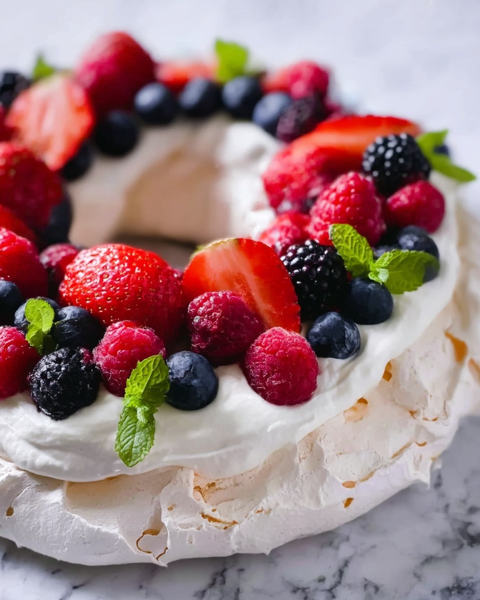A pavlova dessert is shown in a ring shape with two main layers. The base layer is light toasted white meringue with a slightly cracked, soft texture and wavy edges. On top of the meringue, a thick white creamy layer is spread evenly. The cream is topped with fresh berries, including bright red strawberries, deep red raspberries, dark purple blackberries, and dark blue blueberries, arranged closely all around the ring. Small green mint leaves are placed among the berries, adding a fresh color contrast. The background is a white marbled surface. photo taken with an iphone --ar 4:5 --v 7