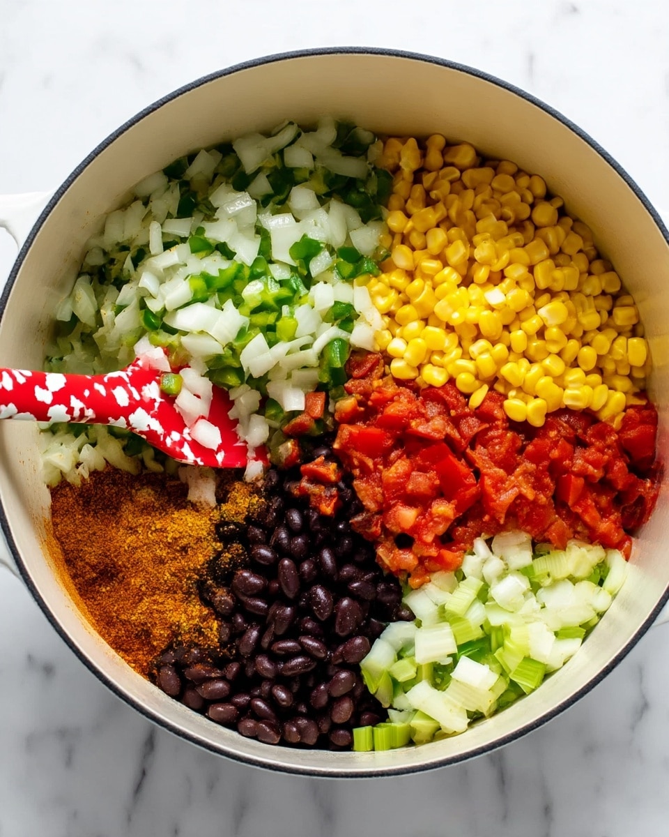 In a large white pot on a white marbled surface, the first image shows a mix of chopped white onions and green peppers being stirred with a red spatula with white spots, the vegetables appearing fresh and roughly chopped. The second image shows the same pot filled with six distinct layers of ingredients: bright yellow corn kernels on the top left, red diced tomatoes on the top right, black beans in the center left, chopped light green and white vegetables (likely celery and pepper) at the bottom right, and at the bottom left, a blend of orange-brown spices, all neatly arranged and not mixed, creating a vibrant and colorful composition. Photo taken with an iphone --ar 4:5 --v 7