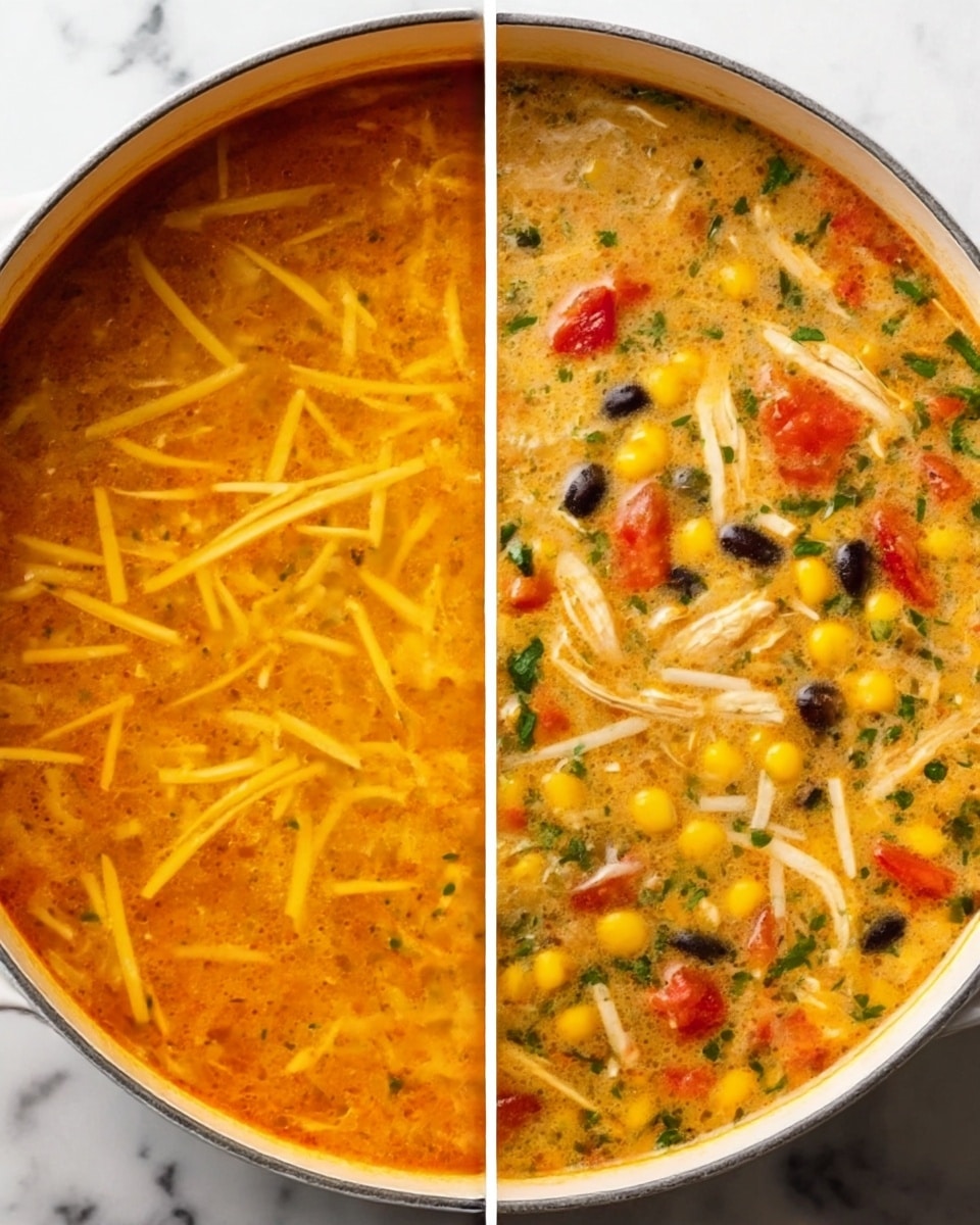 The image shows two close-up views of a pot of thick soup. On the left, the pot has a clear, warm orange broth with thin yellow strips floating on top, resembling cheese or vegetables. On the right, the soup is creamier with a light orange color, filled with small black beans, yellow corn, red tomato pieces, and green herbs mixed throughout, and thin white strips that look like shredded meat or vegetables. The pot is white and round, sitting on a white marbled surface. photo taken with an iphone --ar 4:5 --v 7