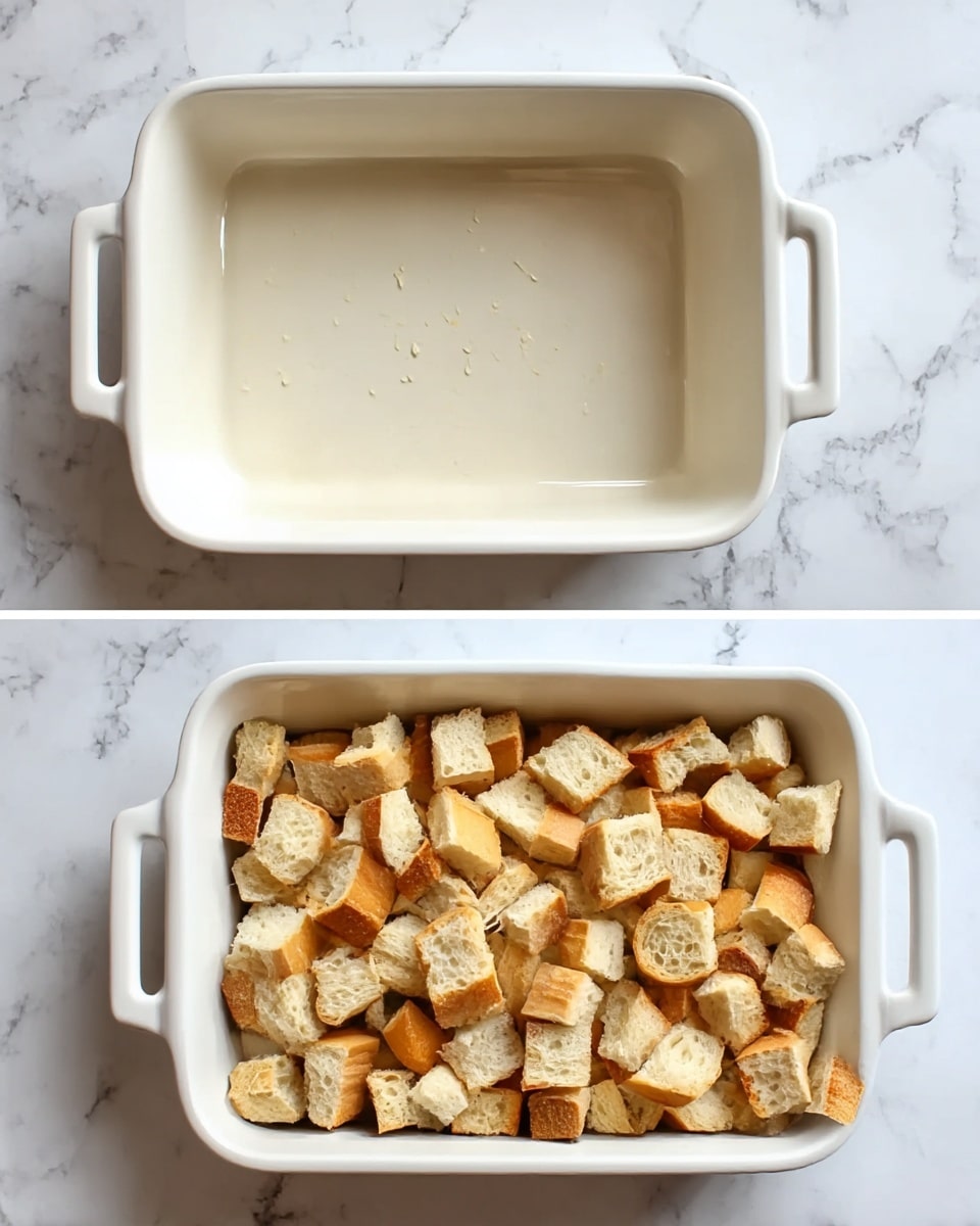 A white rectangular baking dish with two handles is shown on a white marbled surface. In the first image, the empty baking dish has a very light shine inside. In the second image, the baking dish is filled with many pieces of cubed bread, each piece pale beige with some golden brown edges, loosely piled and covering the entire bottom. Photo taken with an iphone --ar 4:5 --v 7