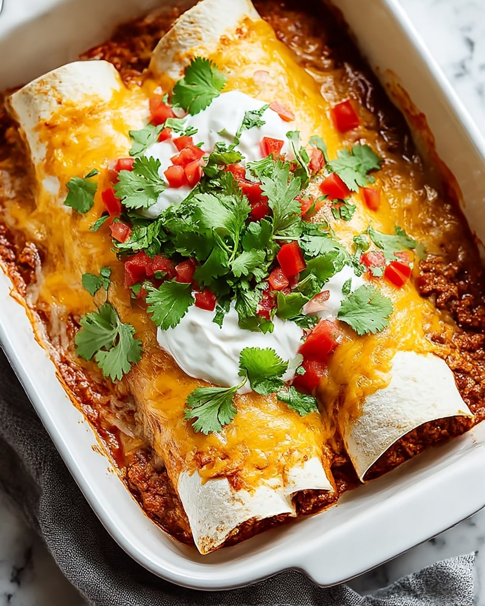 The image shows two rolled white tortillas laying side by side in a white baking dish. They are filled with a reddish-brown meat mixture that can be seen peeking out from the ends. The tortillas are topped with a layer of melted golden-yellow and white cheese, melted evenly and slightly bubbly. On top of the cheese are scattered small red pieces of chopped tomatoes and generous fresh green cilantro leaves, with dollops of creamy white sour cream placed in the center. The dish rests on a white marbled surface with part of a gray cloth visible underneath the dish. photo taken with an iphone --ar 4:5 --v 7