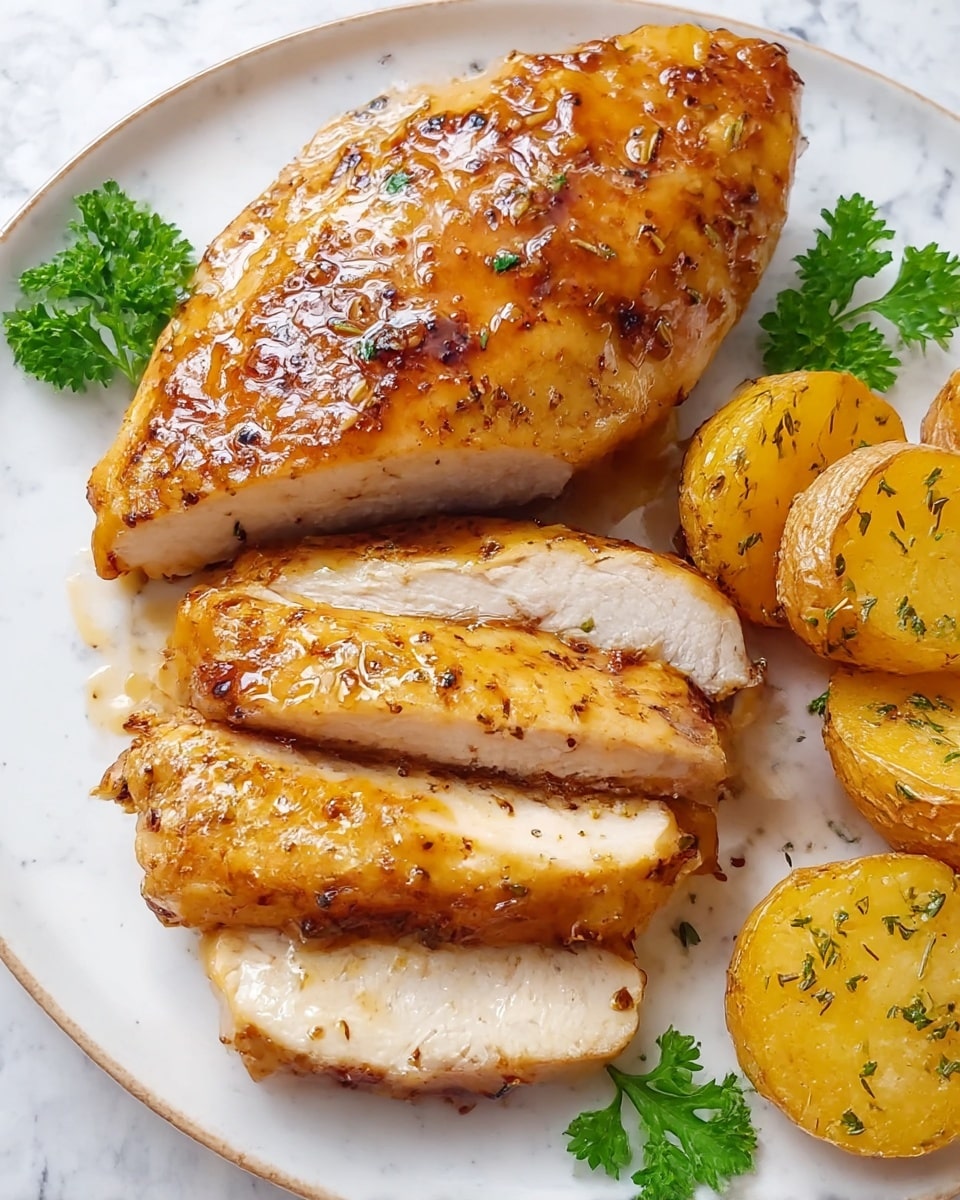 A white plate holds one whole cooked chicken fillet at the top with a golden brown, slightly glossy texture and specks of black pepper and herbs. Below it, three slices of the same chicken fillet are layered neatly, showing white juicy inside with a shiny brown crust. To the right, there are three golden roasted potato halves with a crispy texture sprinkled with herbs. Two fresh green parsley sprigs are placed near the top chicken piece as garnish. The plate sits on a white marbled surface. Photo taken with an iphone --ar 4:5 --v 7