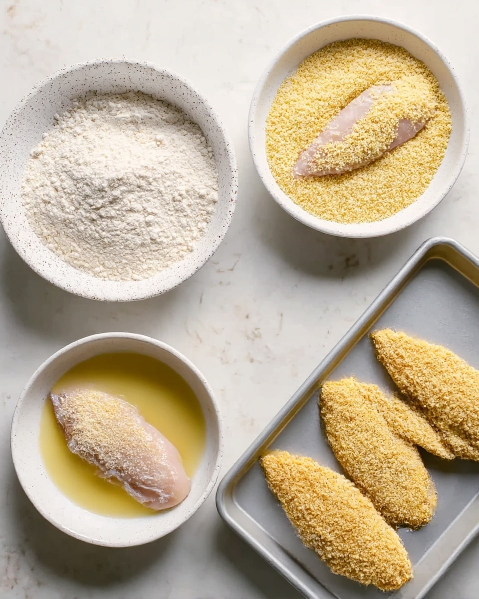The image shows the process of coating two raw chicken pieces in three steps placed on a white marbled surface. In the top left, there is a white speckled bowl filled with white flour, the first layer. To the right, another white speckled bowl contains light yellow breadcrumbs, with one chicken piece partially covered in the coating, indicating the second layer. Below is the third bowl, also white speckled, holding a yellow egg wash with a raw chicken piece dipped in it, halfway submerged. On the right side of the image, there is a metal tray with two fully coated breadcrumbs chicken pieces resting side by side. The scene is lit softly from above, showing textures of each layer clearly, photo taken with an iphone --ar 4:5 --v 7