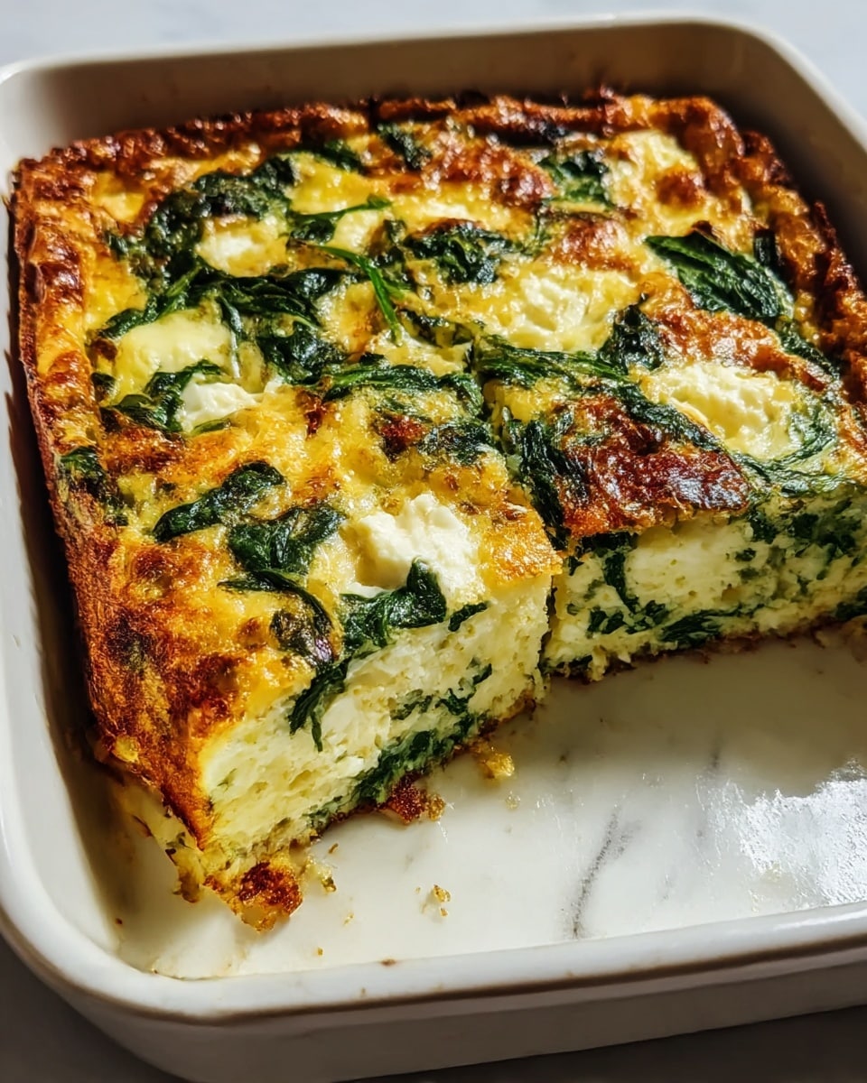 A thick, square frittata with a golden-brown, slightly crispy top layer filled with vibrant green spinach leaves scattered throughout. The inside shows a soft, creamy, pale yellow egg mixture with visible pieces of white cheese and spinach, creating a rich texture. The dish is placed in a white ceramic pan, set on a white marbled surface. One large square portion has been removed, revealing the layers clearly. The edges are browned and slightly crunchy, contrasting with the tender middle. photo taken with an iphone --ar 4:5 --v 7