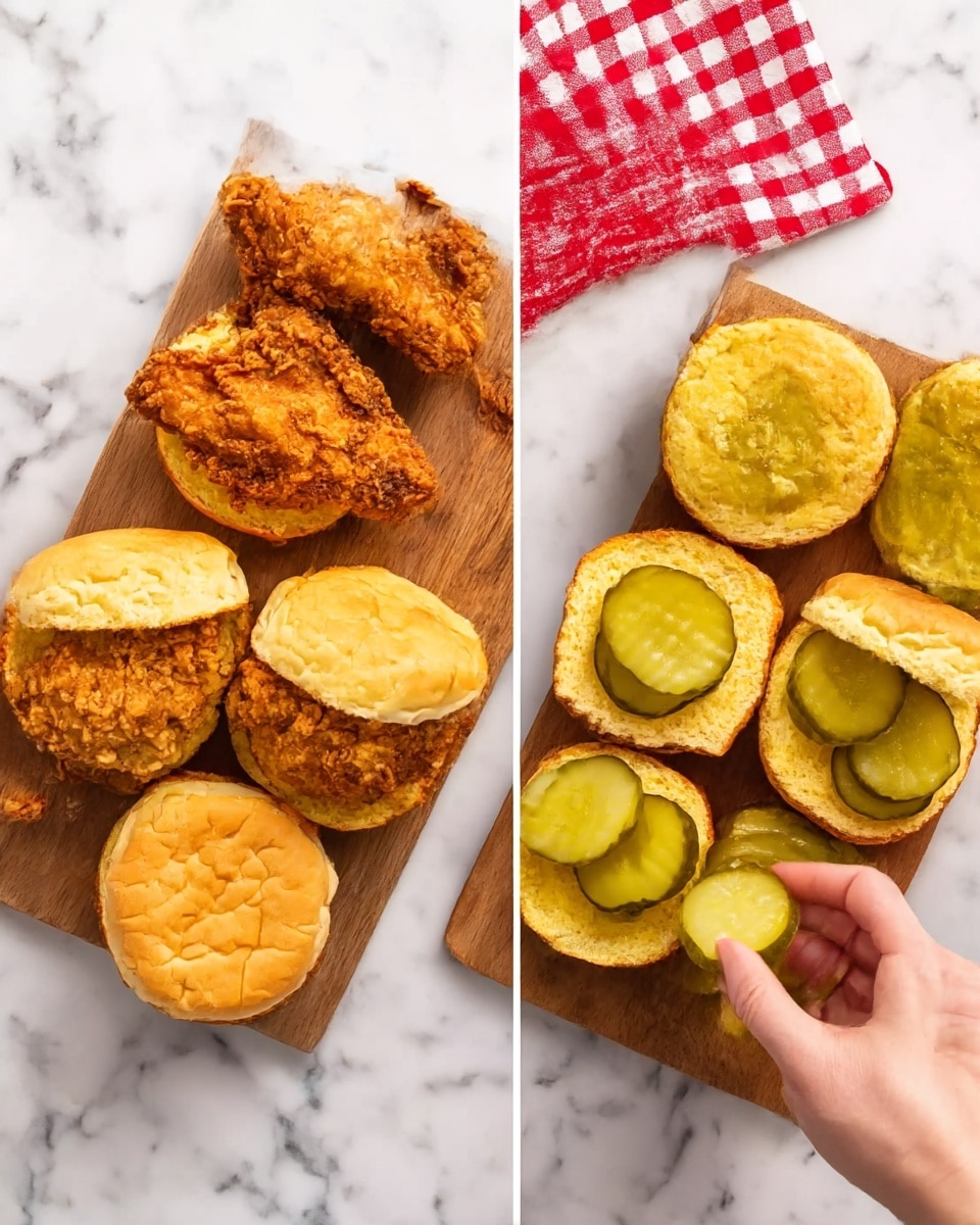 The image shows two wooden boards on a white marbled surface, each with open sandwich buns. On the left board, three crispy fried chicken pieces with a golden brown crunchy texture sit on the bottom halves of soft, light yellow sandwich buns, while the top halves lay next to them. On the right board, green pickles slices are evenly spread on the same soft yellow buns' bottom halves, with the top halves laid beside them. A woman's hand holds a pickle near the bottom right of the right board. A red and white checkered cloth is partially visible near the top edge on both sides. Photo taken with an iphone --ar 4:5 --v 7