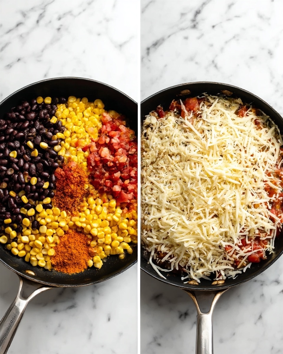 The image shows two photos side by side of a black pan on a white marbled surface. In the left photo, the pan holds four separate layers: dark black beans on the left, bright yellow corn on the right, reddish diced tomatoes in the upper center, and a small pile of orange-red spices on the bottom center. In the right photo, all layers are mixed and topped evenly with a layer of shredded white and light yellow cheese, covering most of the corn, beans, and tomato mixture underneath. The pan handle points to the upper right in both photos. Photo taken with an iphone --ar 4:5 --v 7