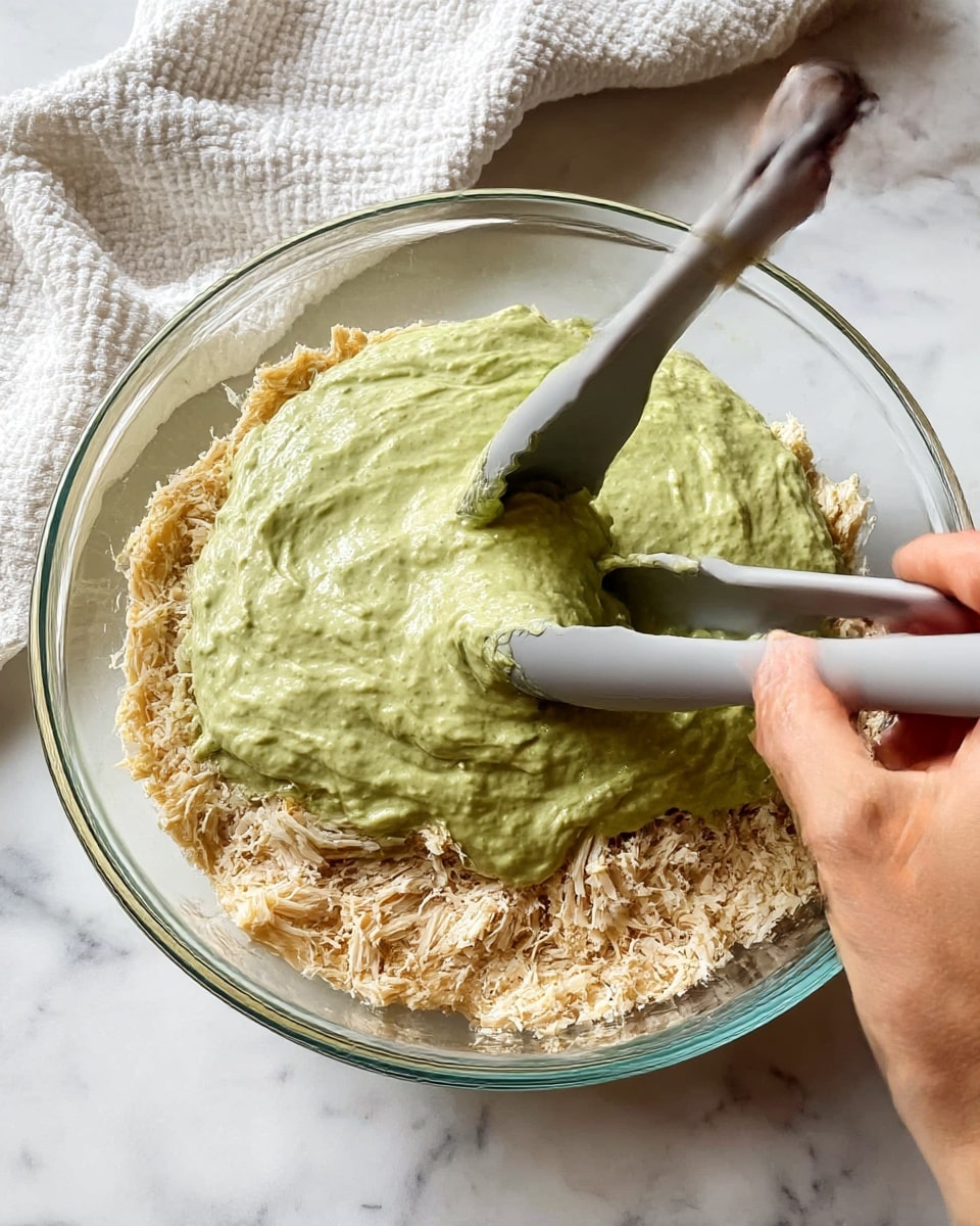 In a clear glass bowl on a white marbled surface, there are two visible layers of food. The bottom layer is shredded, light tan-colored meat spread evenly across the bowl's base and sides. The top layer is a thick, creamy green sauce with a slightly textured surface, covering the meat almost completely. A woman's hand holding gray silicone tongs is gently placing or spreading the green sauce over the meat. In the background, a white textured cloth is softly out of focus. Photo taken with an iphone --ar 4:5 --v 7