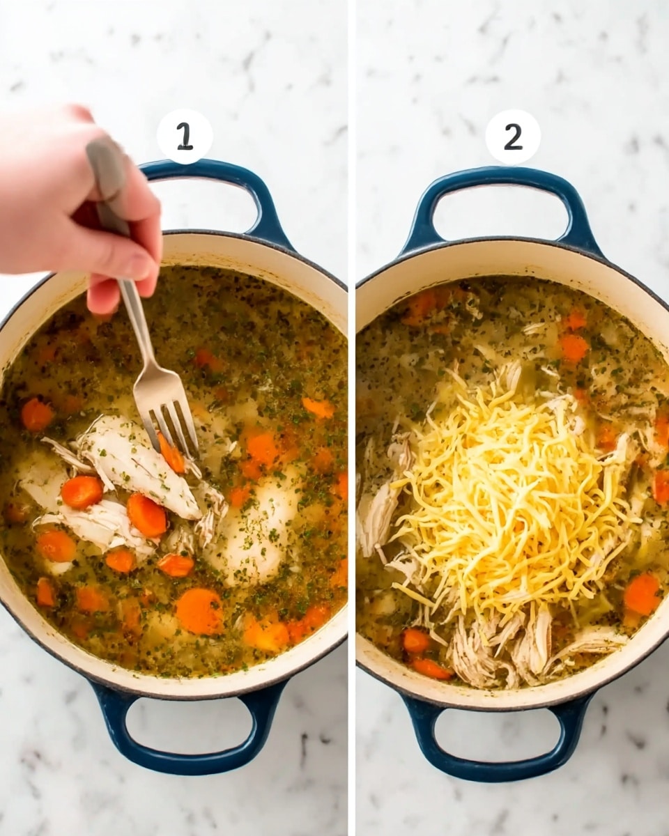The image shows two side-by-side photos of a white round pot with blue handles set on a white marbled surface. In the left photo, a woman's hand holds a fork and is pulling apart large pieces of cooked chicken in a broth with visible orange carrot slices and green herbs floating on top. The broth has a light brown color with bits of seasoning. In the right photo, the same pot contains the broth with shredded chicken and carrot slices, and there is a pile of yellow egg noodles sitting on top in the center, ready to be stirred in. photo taken with an iphone --ar 4:5 --v 7