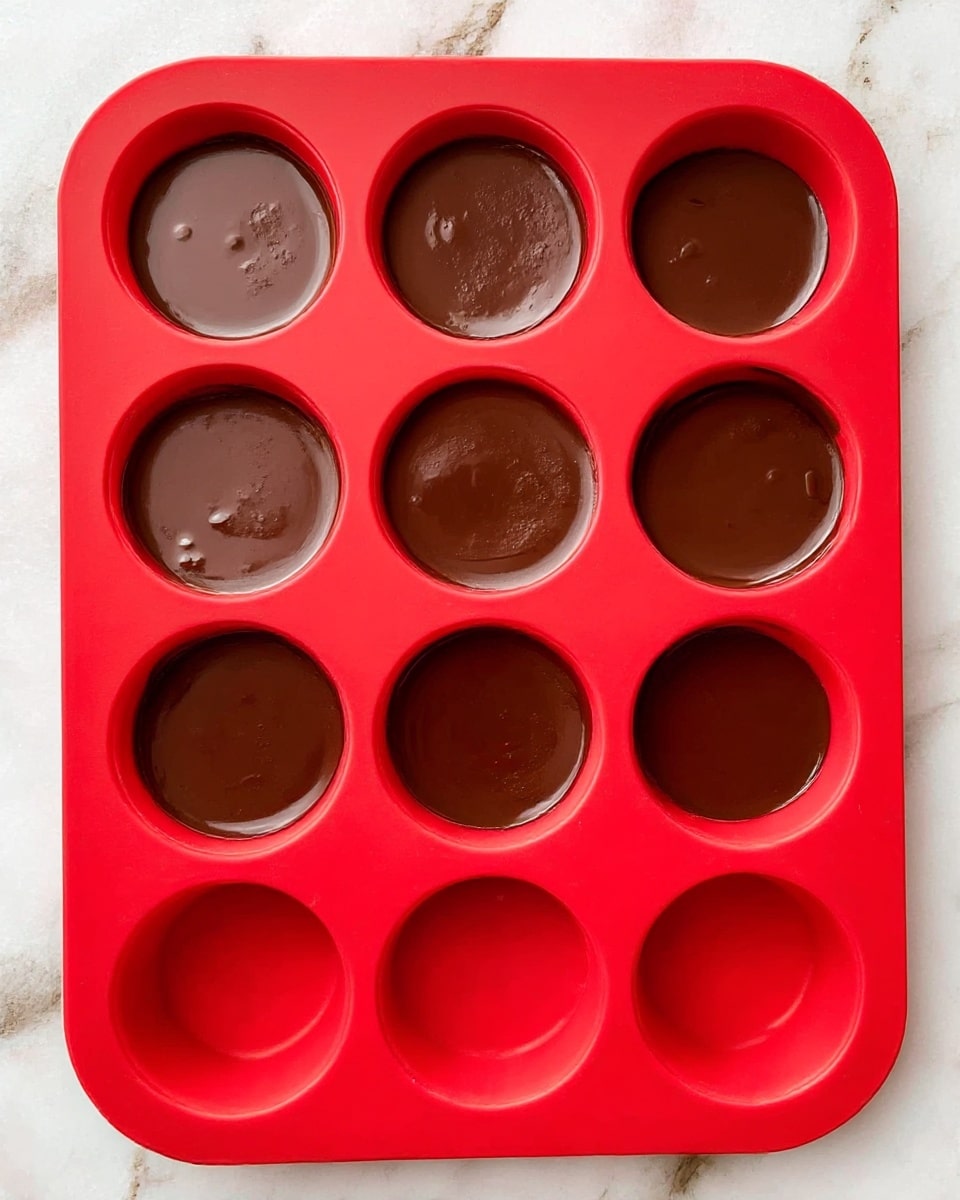A red silicone mold tray with twelve round cavities sits on a white marbled surface. The top eight cavities are filled with smooth, shiny dark brown chocolate, each showing slight texture variations and small air bubbles on the surface. The bottom four cavities are empty and clean, showing their bright red color clearly. The overall look is neat and the chocolate appears evenly poured in the filled cavities, reflecting soft light. photo taken with an iphone --ar 4:5 --v 7