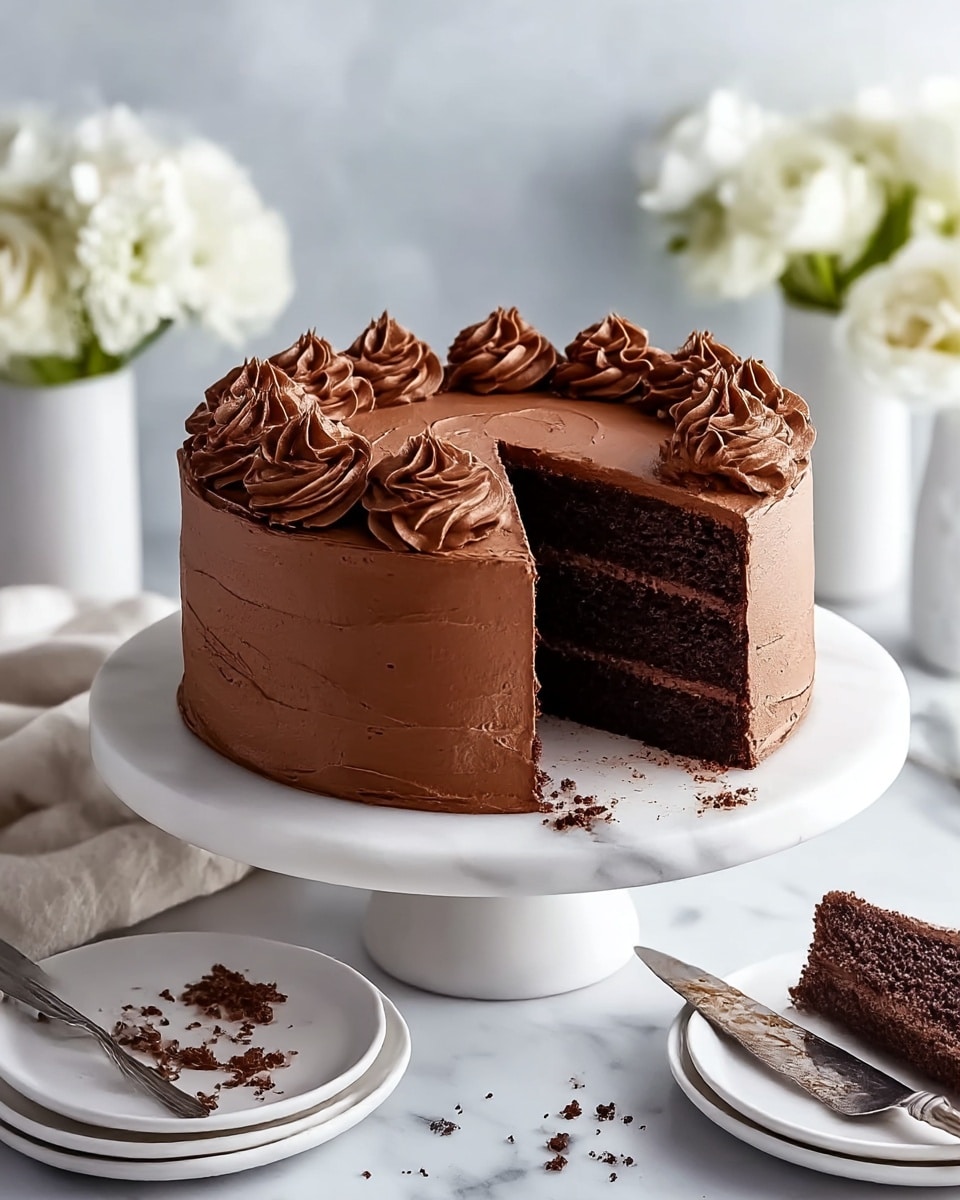 This image shows a two-layer chocolate cake with a smooth chocolate frosting covering the whole cake. The two dark brown cake layers are separated by a thick layer of lighter chocolate cream. On top of the cake, there are eight swirls of chocolate frosting evenly spaced near the edge. The cake sits on a white marble cake stand, and there are some crumbs on the stand near the missing slice. Around the cake are white plates with chocolate crumbs and utensils, all placed on a white marbled surface. In the background, there are white flowers in white vases adding a soft touch. Photo taken with an iphone --ar 4:5 --v 7