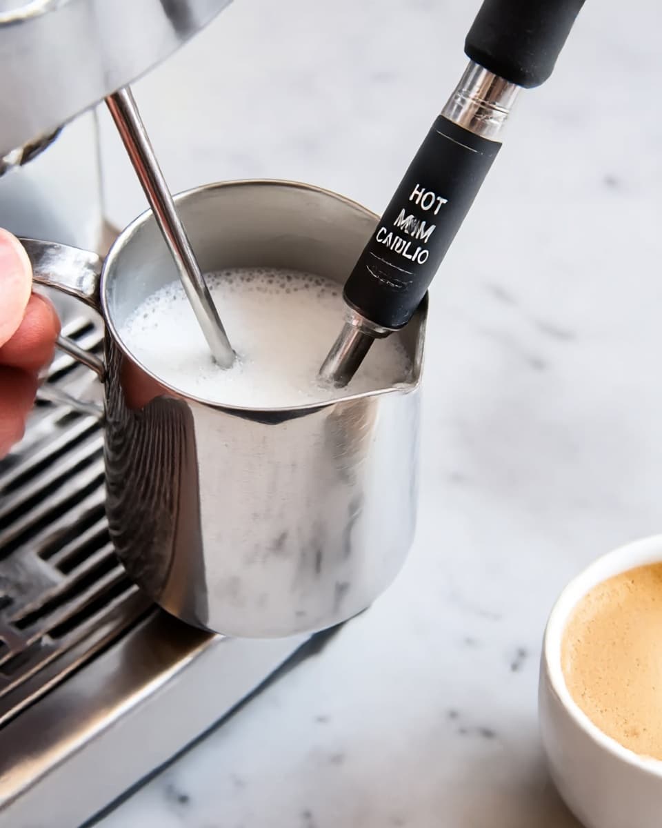 A close-up image shows a woman's hand holding a small metal pitcher filled with foamy milk, while a steaming wand labeled
