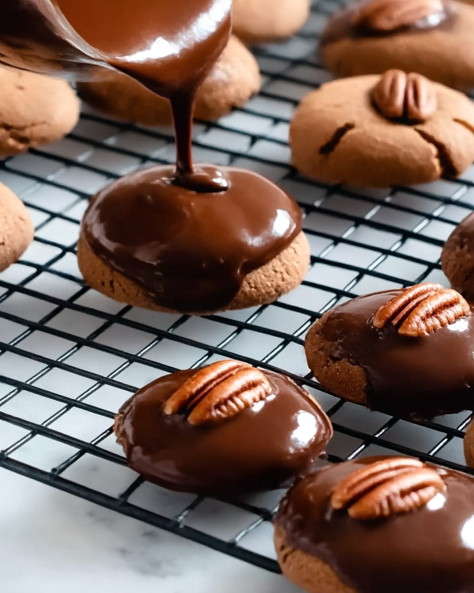The image shows soft brown cookies on a black cooling rack placed over a white marbled surface. In the left part of the image, a thick, smooth chocolate glaze is being poured over a cookie, covering its top and slightly dripping down the sides. The cookies are round, with a slightly cracked texture visible beneath the glaze. The right side of the image shows multiple cookies already coated with a shiny chocolate layer, each topped with a single pecan half placed in the center. The scene is close-up and detailed, emphasizing the glossy texture of the chocolate and the rough cookie surface photo taken with an iphone --ar 4:5 --v 7