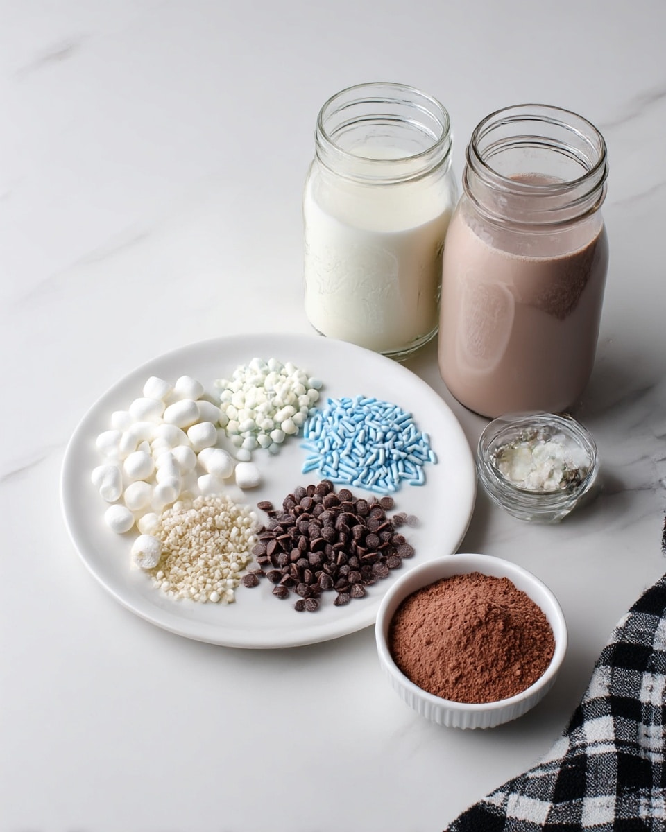 The image shows a white plate on a white marbled surface with six small piles of toppings arranged in a circle: white mini marshmallows, small white round sprinkles, blue and white stick sprinkles, chocolate mini chips, chopped chocolate bits, and dark brown chocolate sprinkles. Next to the plate are three glass jars, one filled with white milk, a smaller one with cream, and a larger one with light brown chocolate milk. In front of the jars is a small white bowl filled with cocoa powder. A black and white checkered cloth is partially visible on the bottom right. Photo taken with an iphone --ar 4:5 --v 7