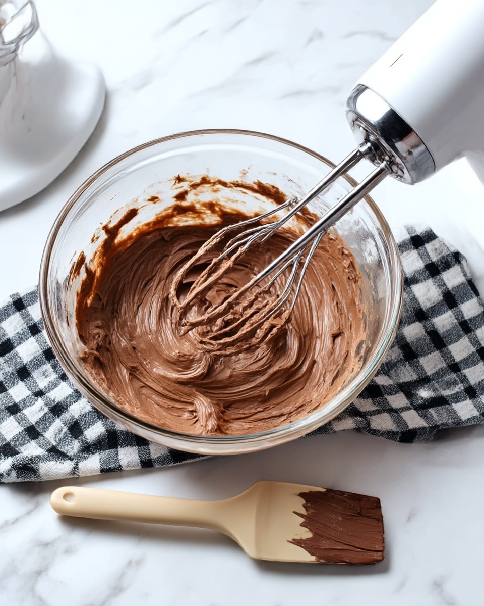 A clear glass bowl contains a thick, creamy chocolate mixture with a smooth, swirled texture being mixed by a metal beater attached to a white electric hand mixer. The bowl shows some chocolate smeared along the inner sides. Next to the bowl is a beige spatula with some chocolate on its tip, resting on a black and white checked cloth, all placed on a white marbled surface. Photo taken with an iphone --ar 4:5 --v 7