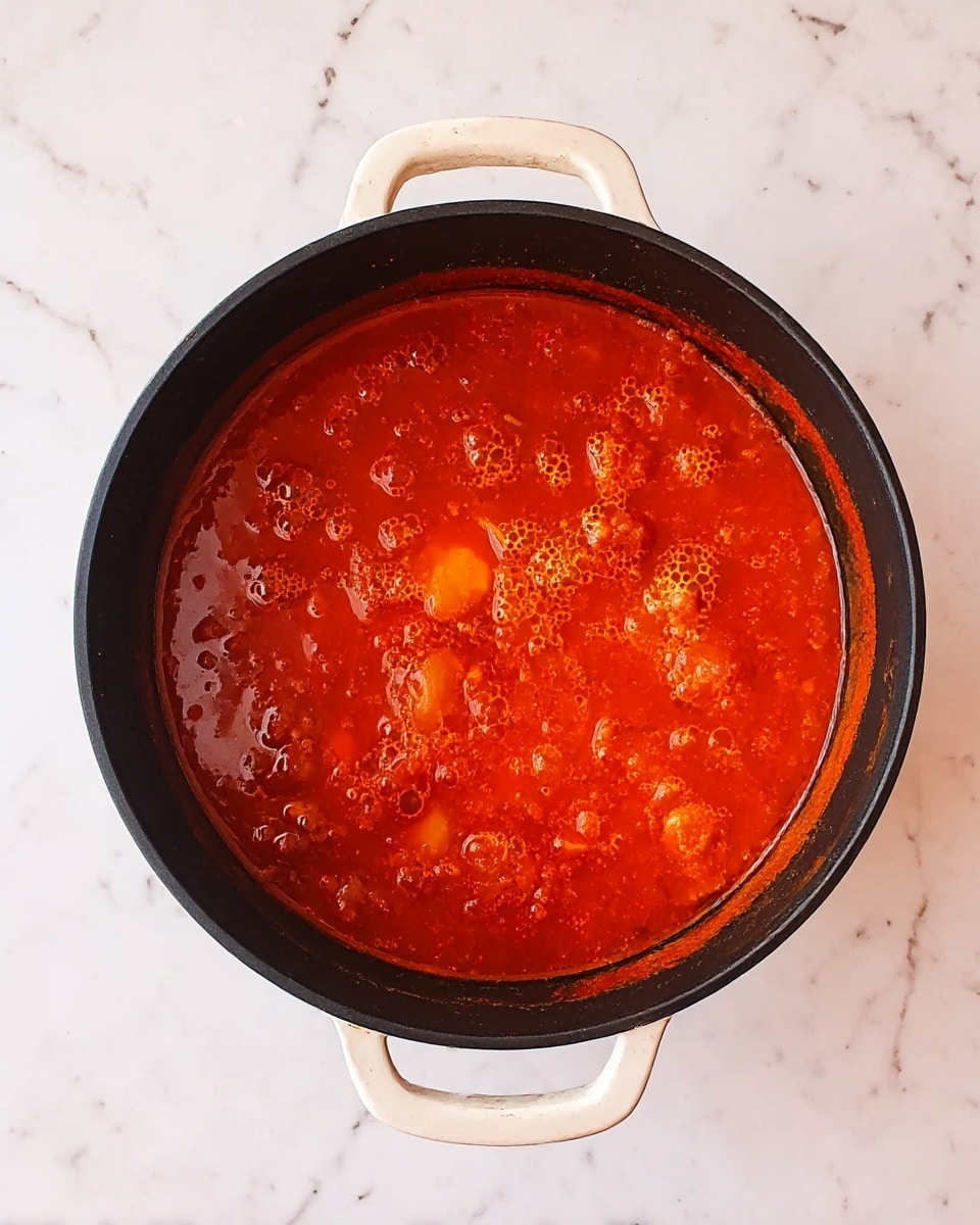 The image shows a black pot with white handles filled with a bright red sauce that is bubbling on the surface. The sauce has an oily shine and some small pieces of vegetables or meat are visible beneath the thick liquid. The pot is placed on a white marbled surface. photo taken with an iphone --ar 4:5 --v 7